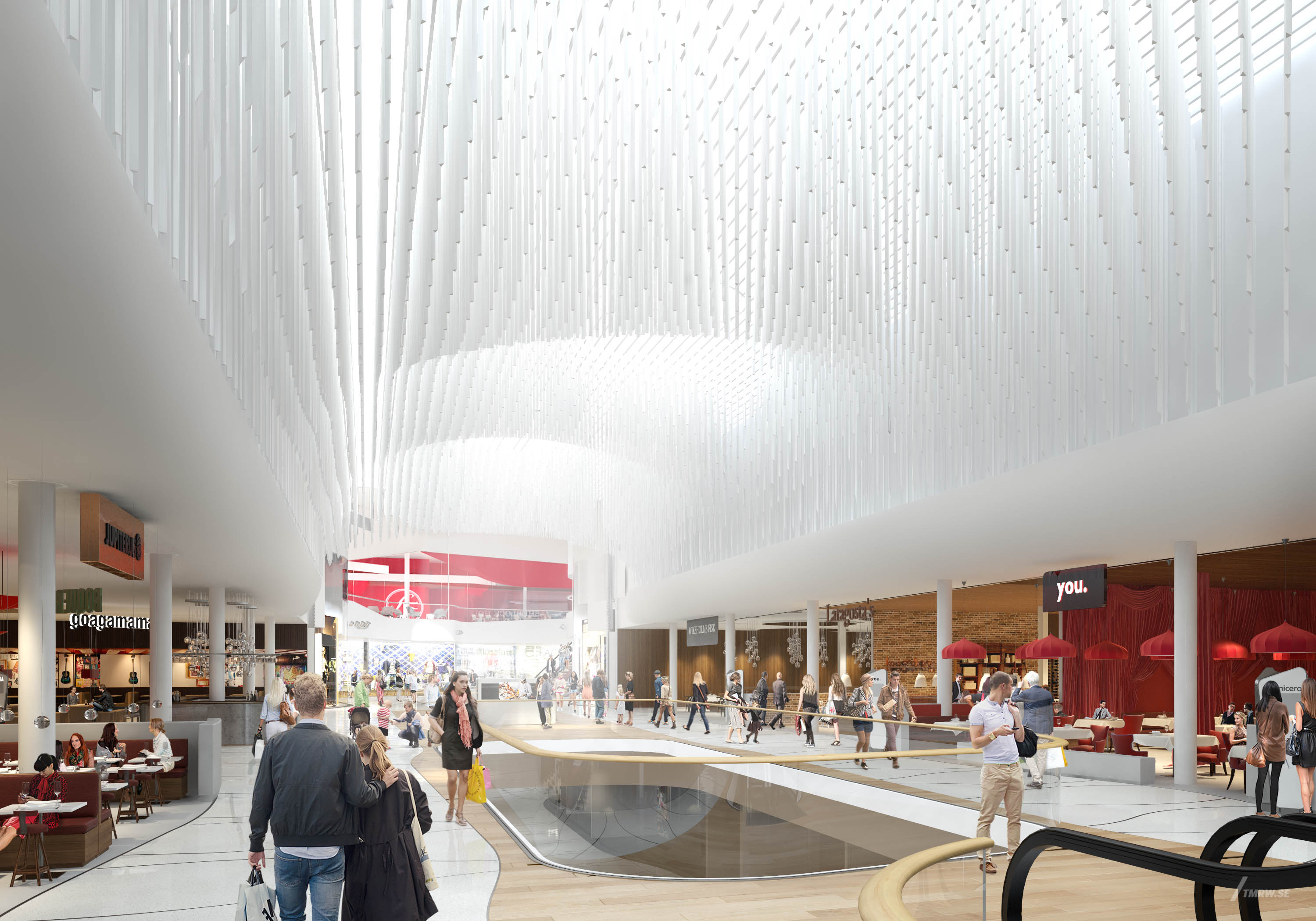 Architectural visualization of Mall of Scandinavia for Wingårdhs a intorior mall area in day light form a street view.