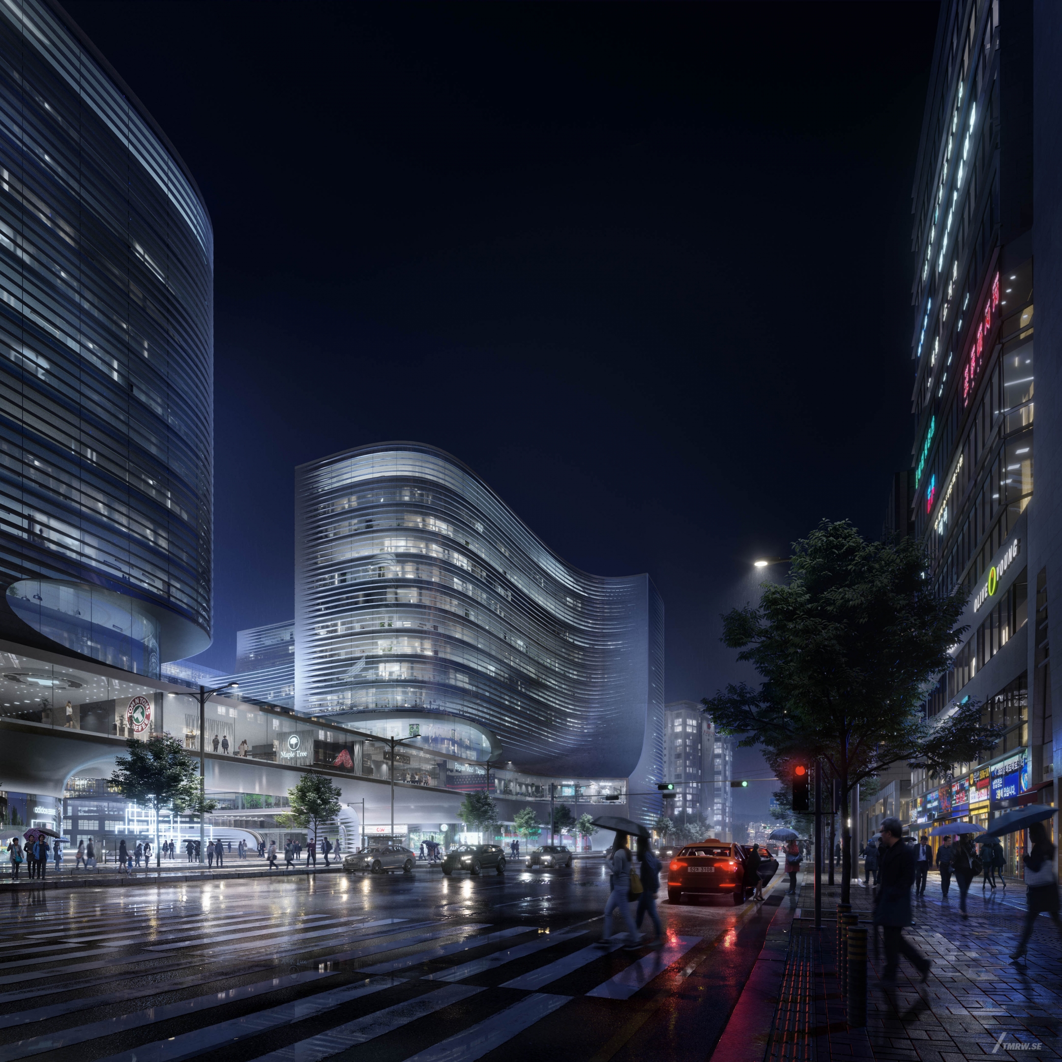 Architectural visualization of Alphadome for Zaha Hadid, rainy city street at night