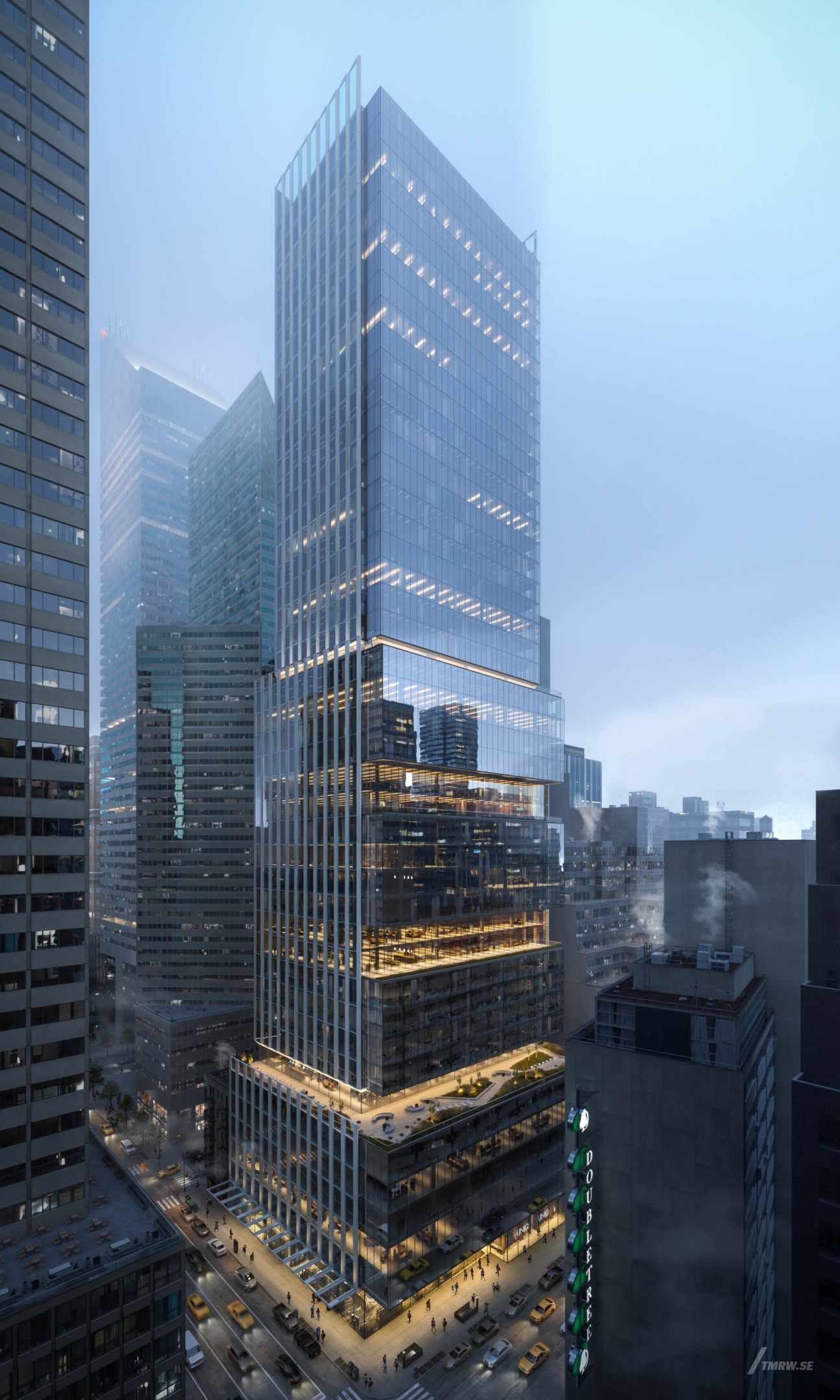 Architectural visualization of 575 Lexington for Gensler, an office tower at dusk from a semi aerial view.