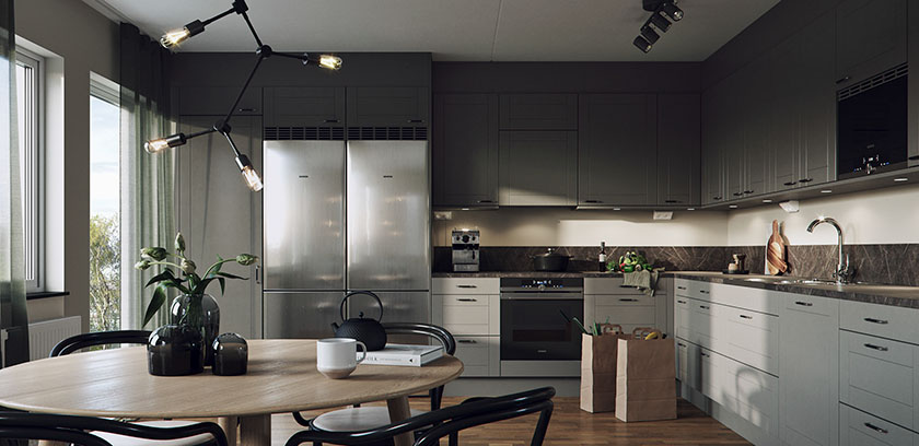 Architectural visualization of a kitchen for Nordr, an apartment interior during day light.