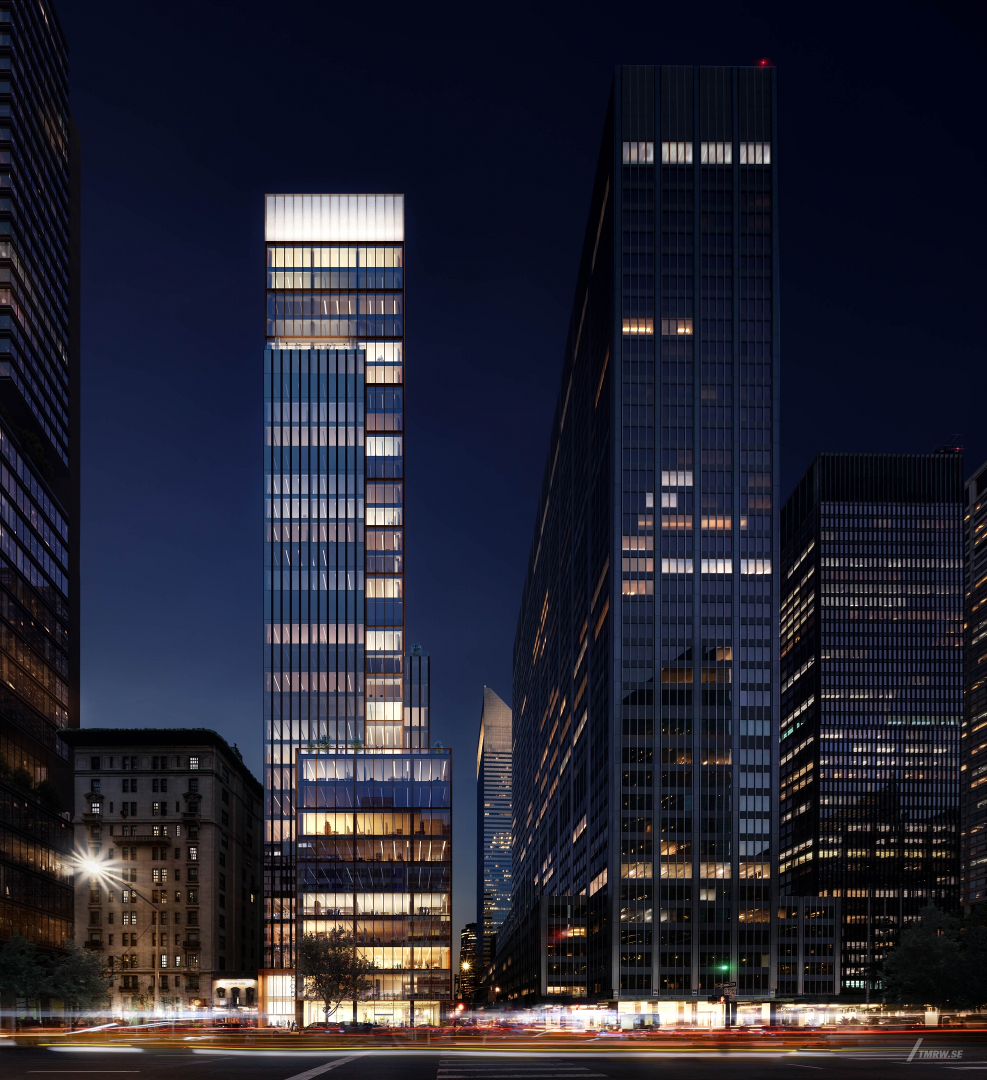 Architectural visualization of 405 Park Avenue for Gensler, an office tower at night from a street view.