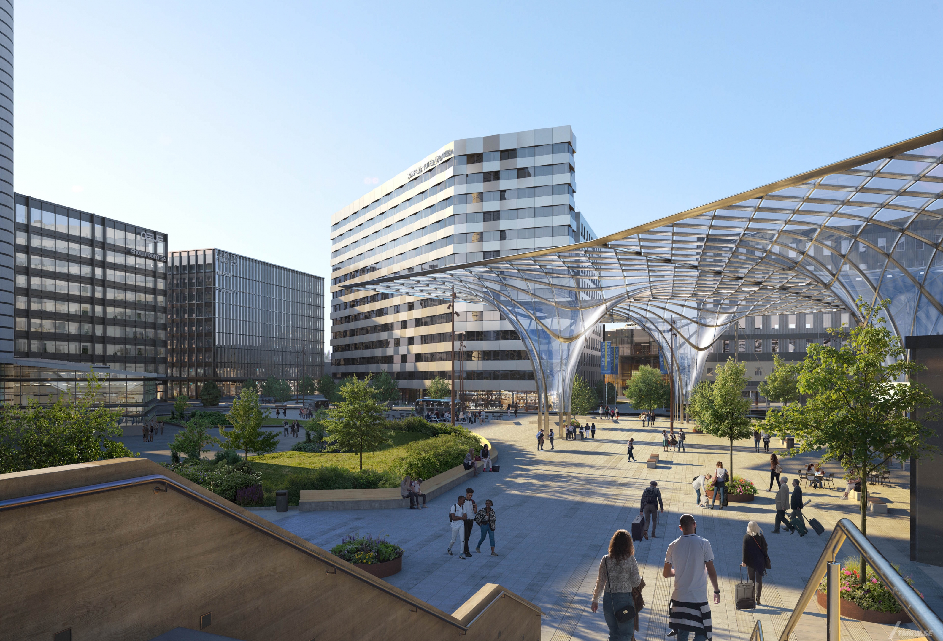 Architectural visualization of Arlanda for Bau, a civic area and a airport in day light from a street view.