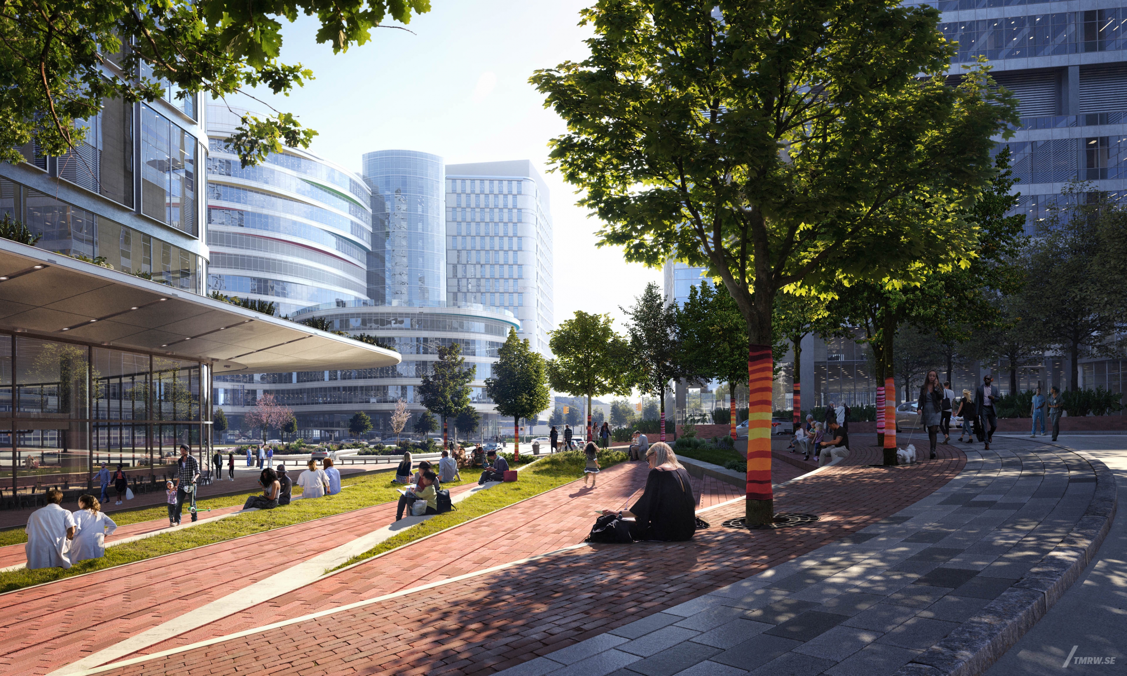 Architectural visualization of CHOP for Cooper Robertson, an civic area in day light from a street view.