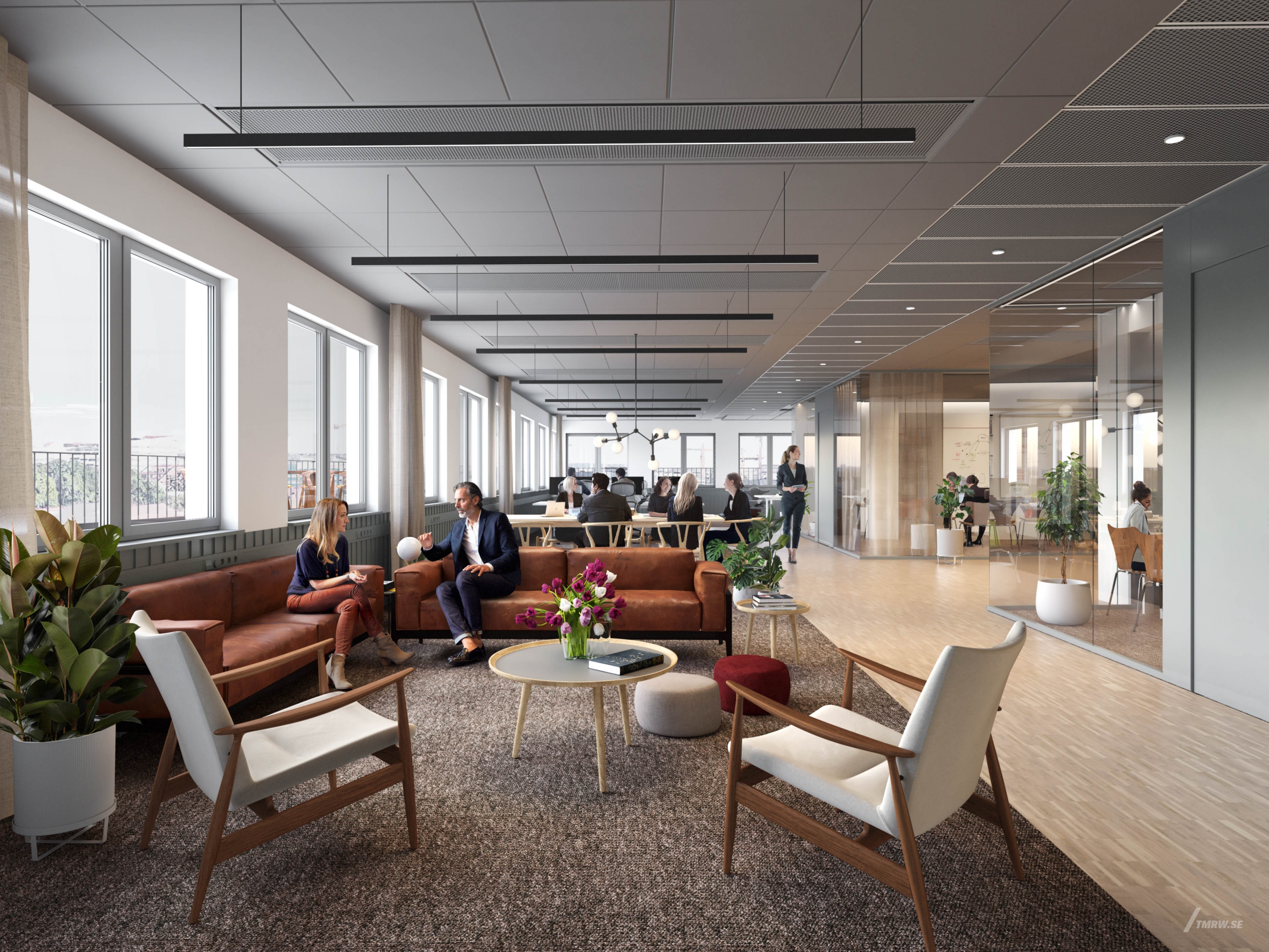 Architectural visualization of Nöten for Fabege, an office building day light from an interior view.