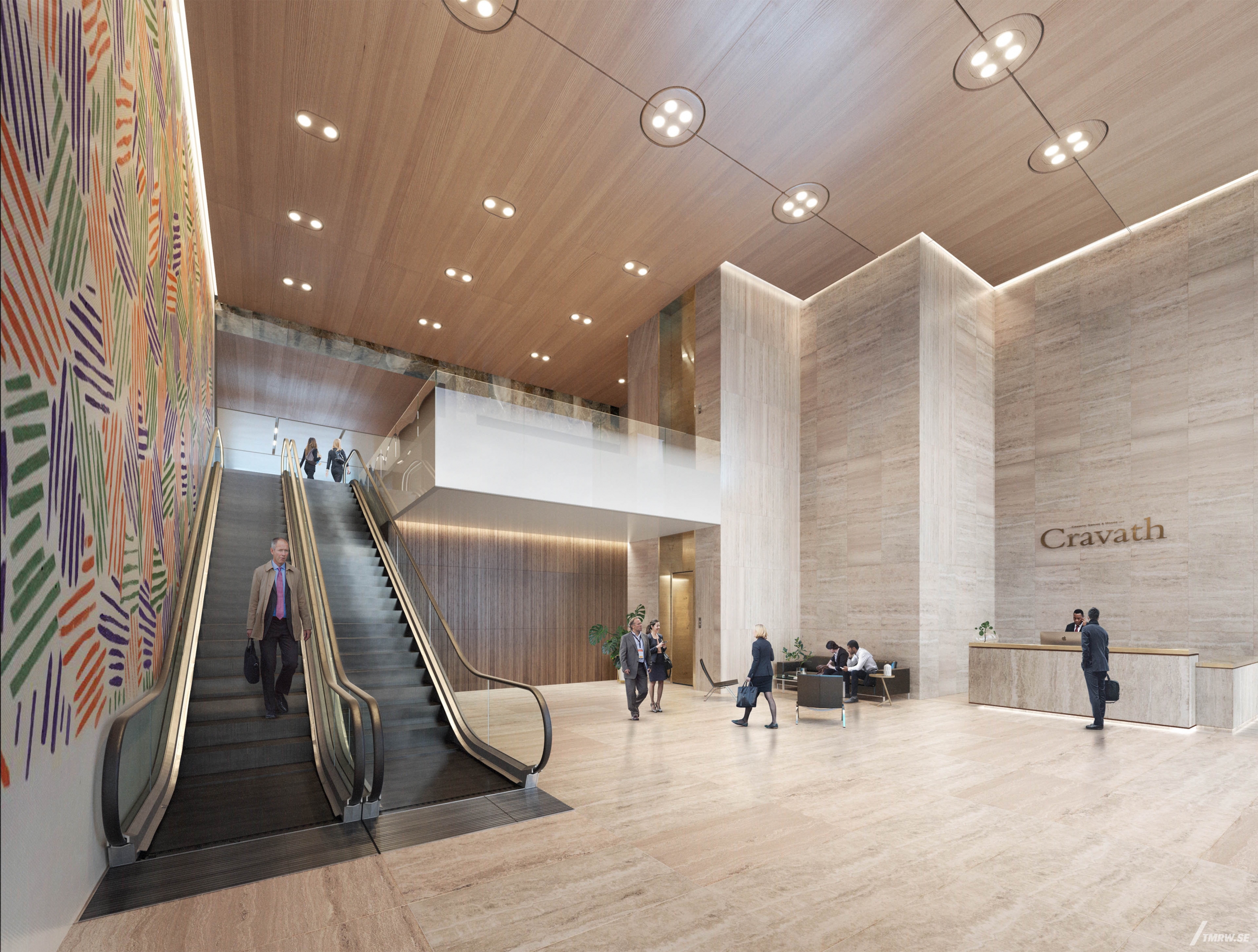 Architectural visualization of 50 Hudson Yards for Foster & Partners, a office lobby with a escalator in day light from an interior view.