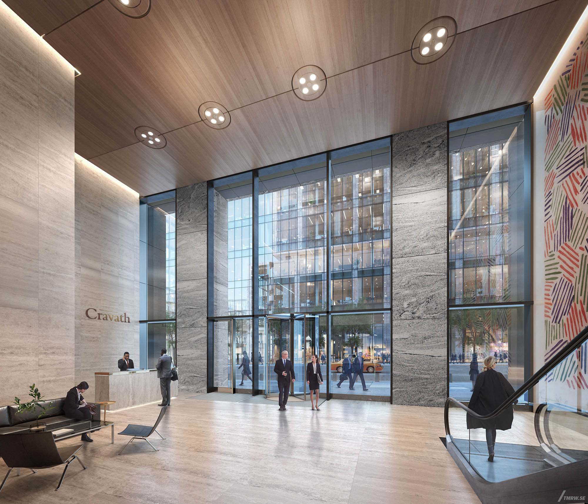 Architectural visualization of 50 Hudson Yards for Foster & Partners, a office entrance in day light from an interior view.