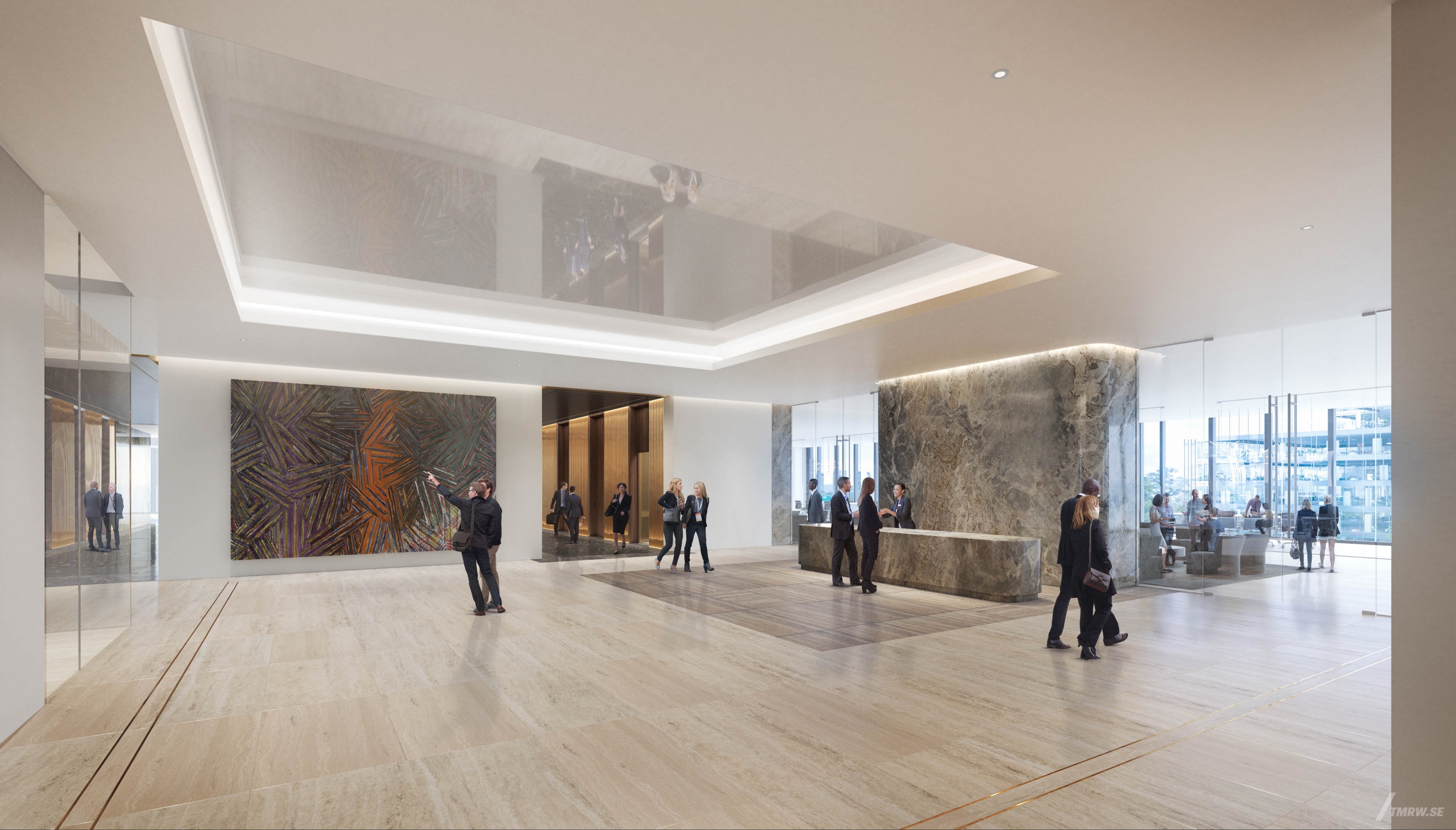 Architectural visualization of 50 Hudson Yards for Foster & Partners, a office lobby in day light from an interior view.