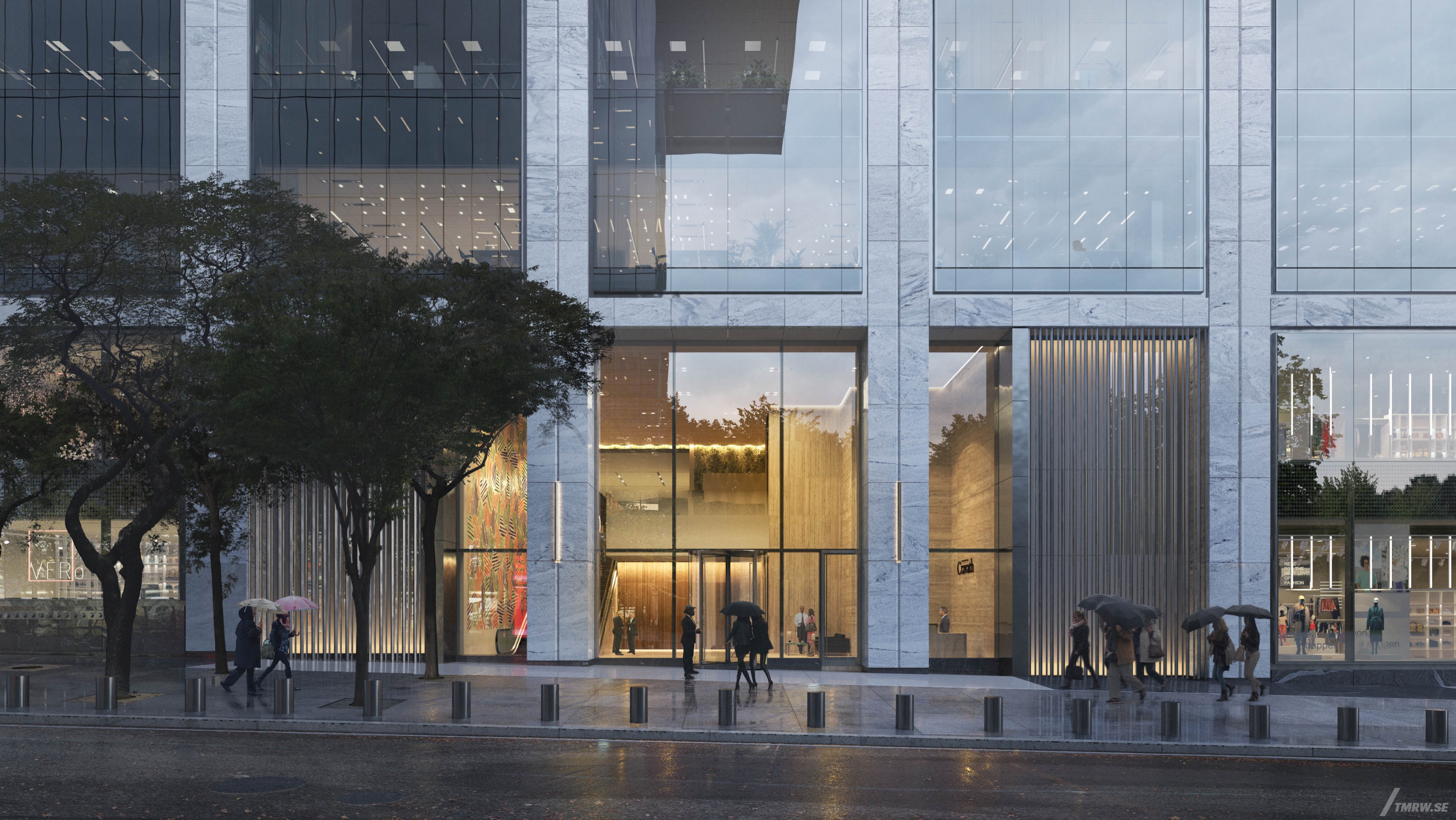 Architectural visualization of 50 Hudson Yards for Foster & Partners, a office in dusk light from a street view.