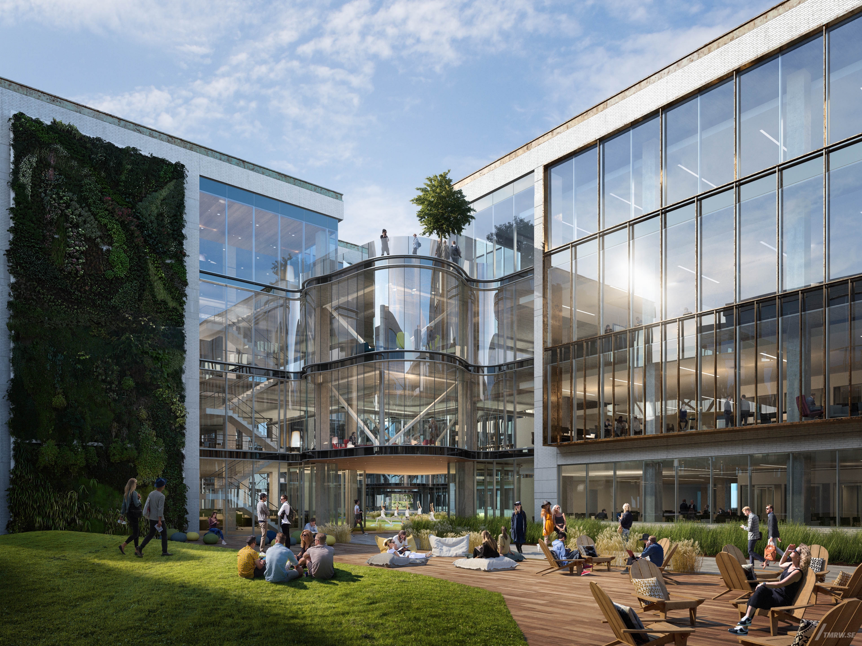 Architectural visualization of 3M for Gensler, an office building in day light from a park view.