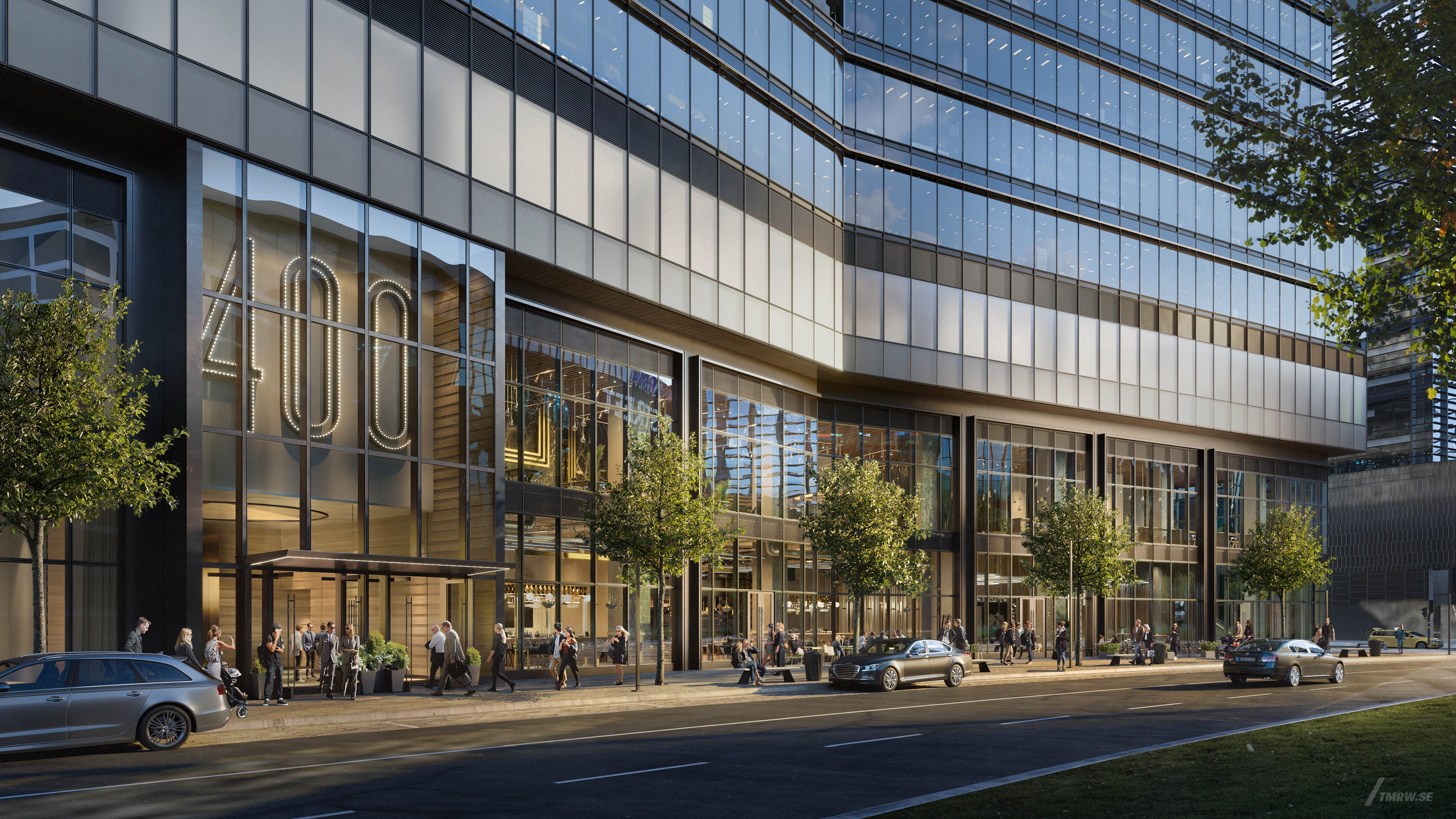 Architectural visualization of 400 Channelside for Gensler, a office entrance in day light from a street view.