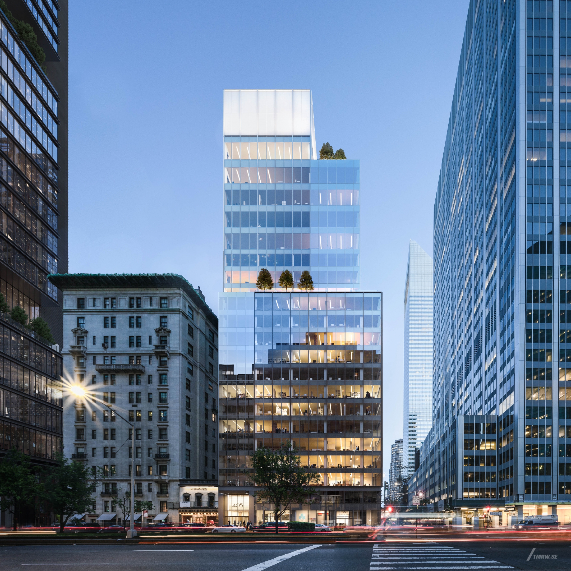 Architectural visualization of 405 Park for Gensler, an office building in bluehour light from a street view.