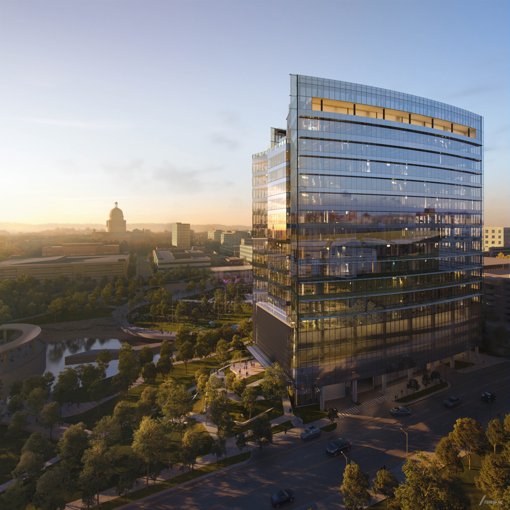 Architectural visualization of Block 164 for Gensler, a office building goldenhour light from a semi areal view.