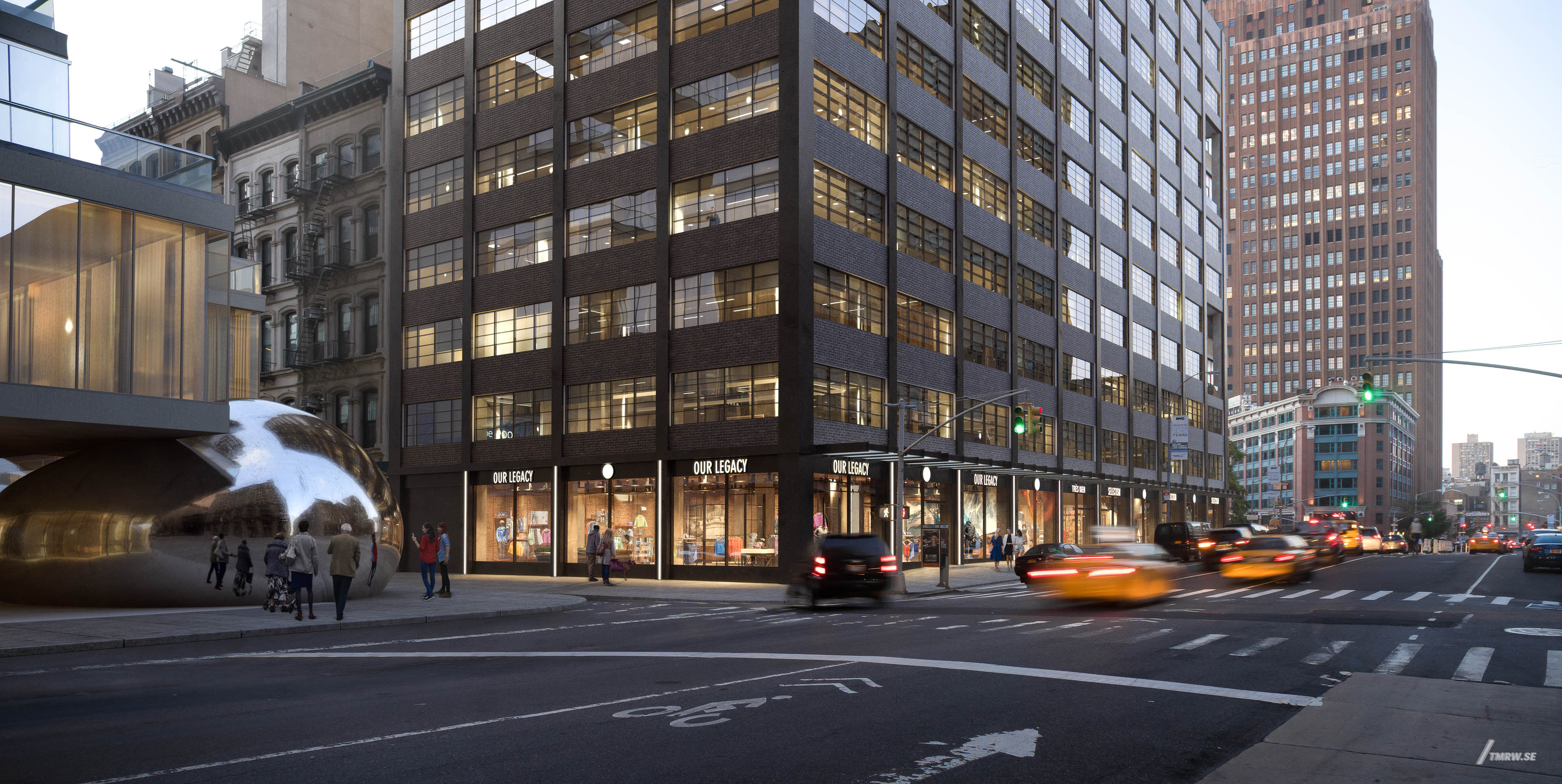 Architectural visualization of Franklin for Gensler, a street corner of a skyscraper in day light.