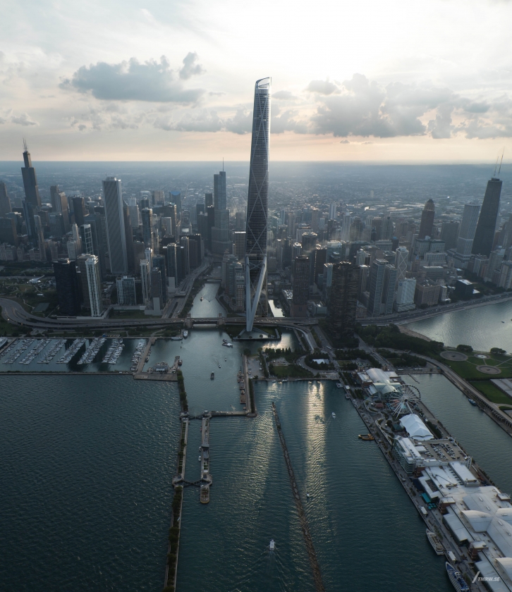 Architectural visualization of Gatwaytower for Gensler a supertal building in day light form an aerial view.