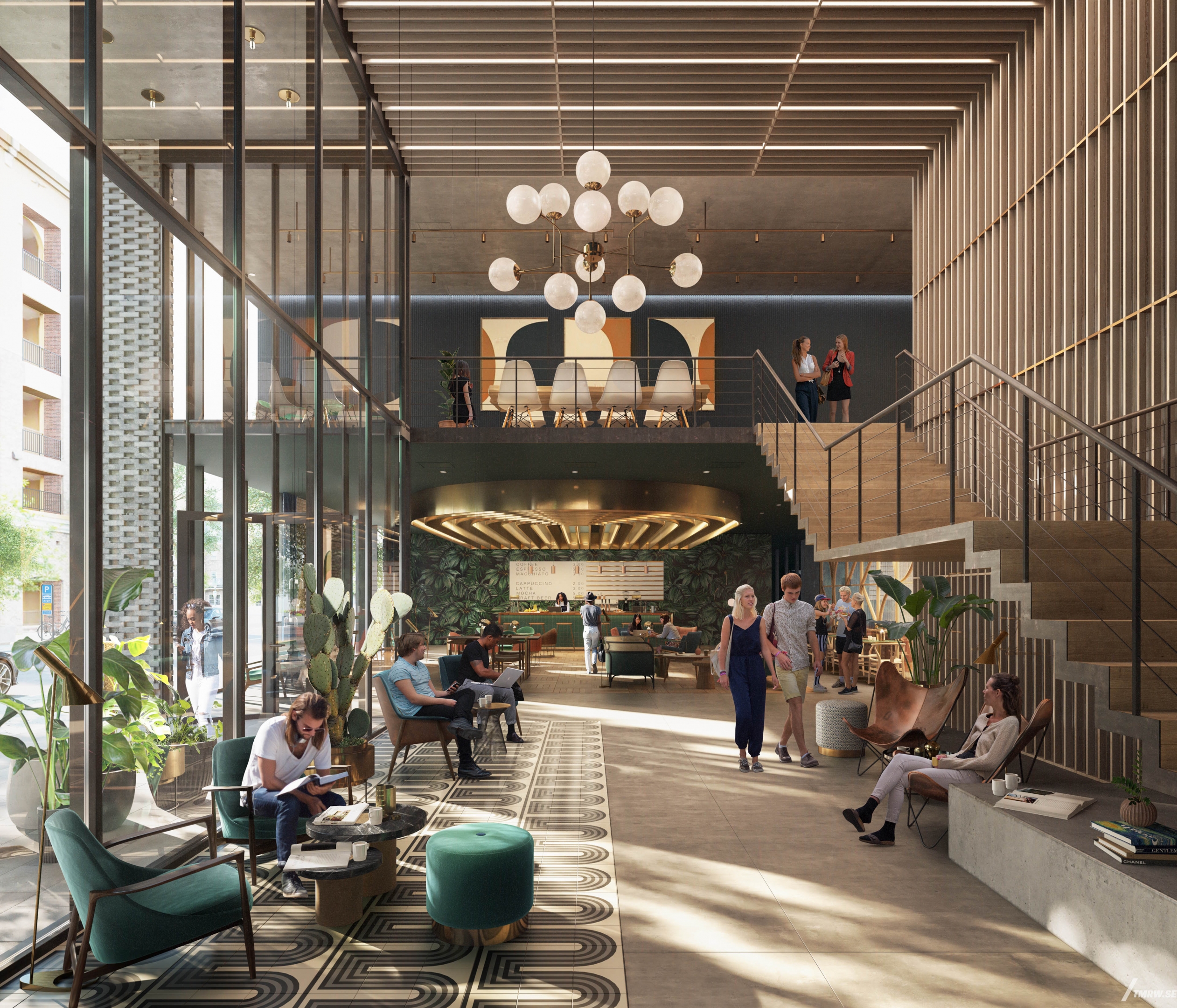 Architectural visualization of Multi Family for Gensler, an lobby area in day light from an interior view.