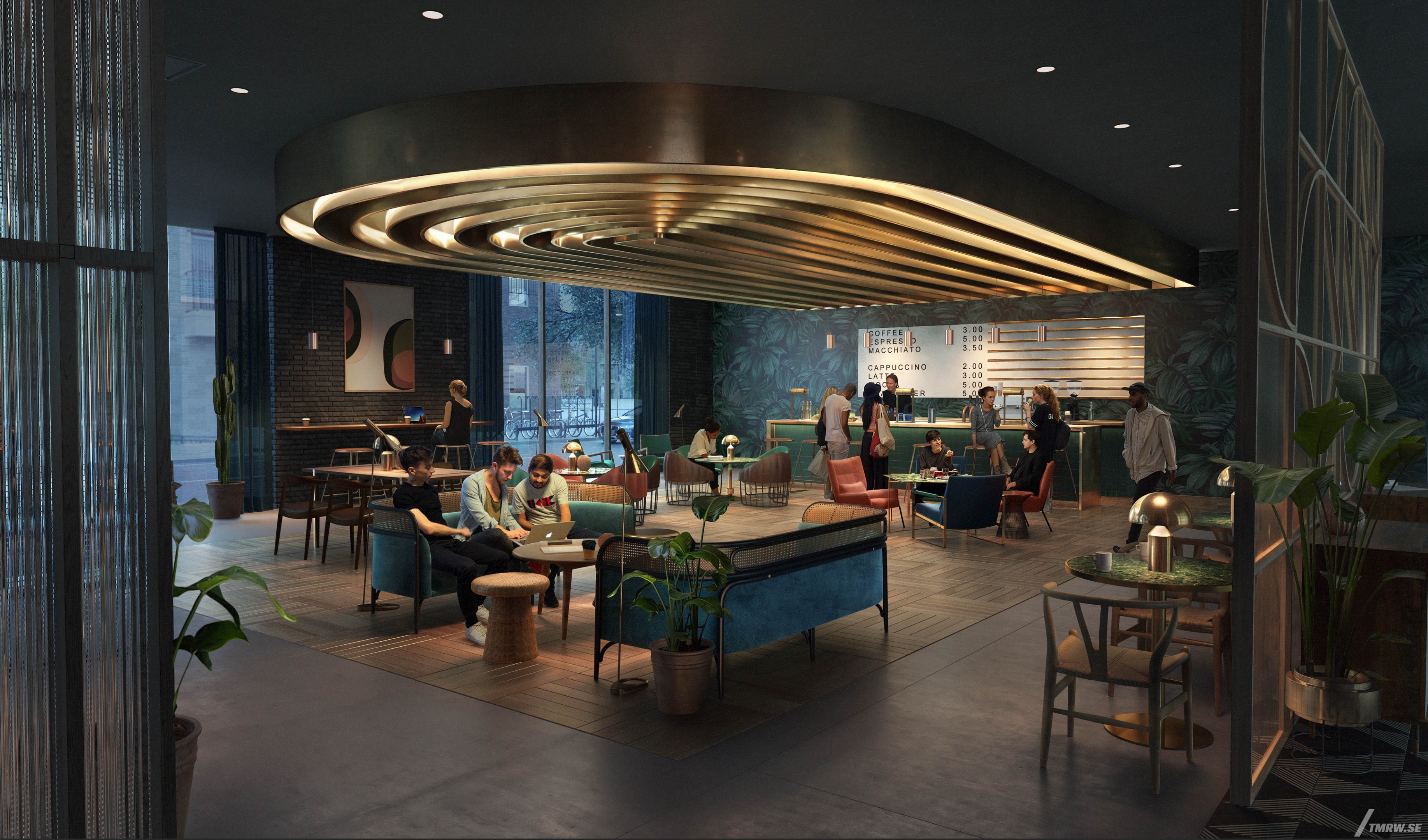Architectural visualization of Multi Family for Gensler, an restaurant area in dusk light from an interior view.
