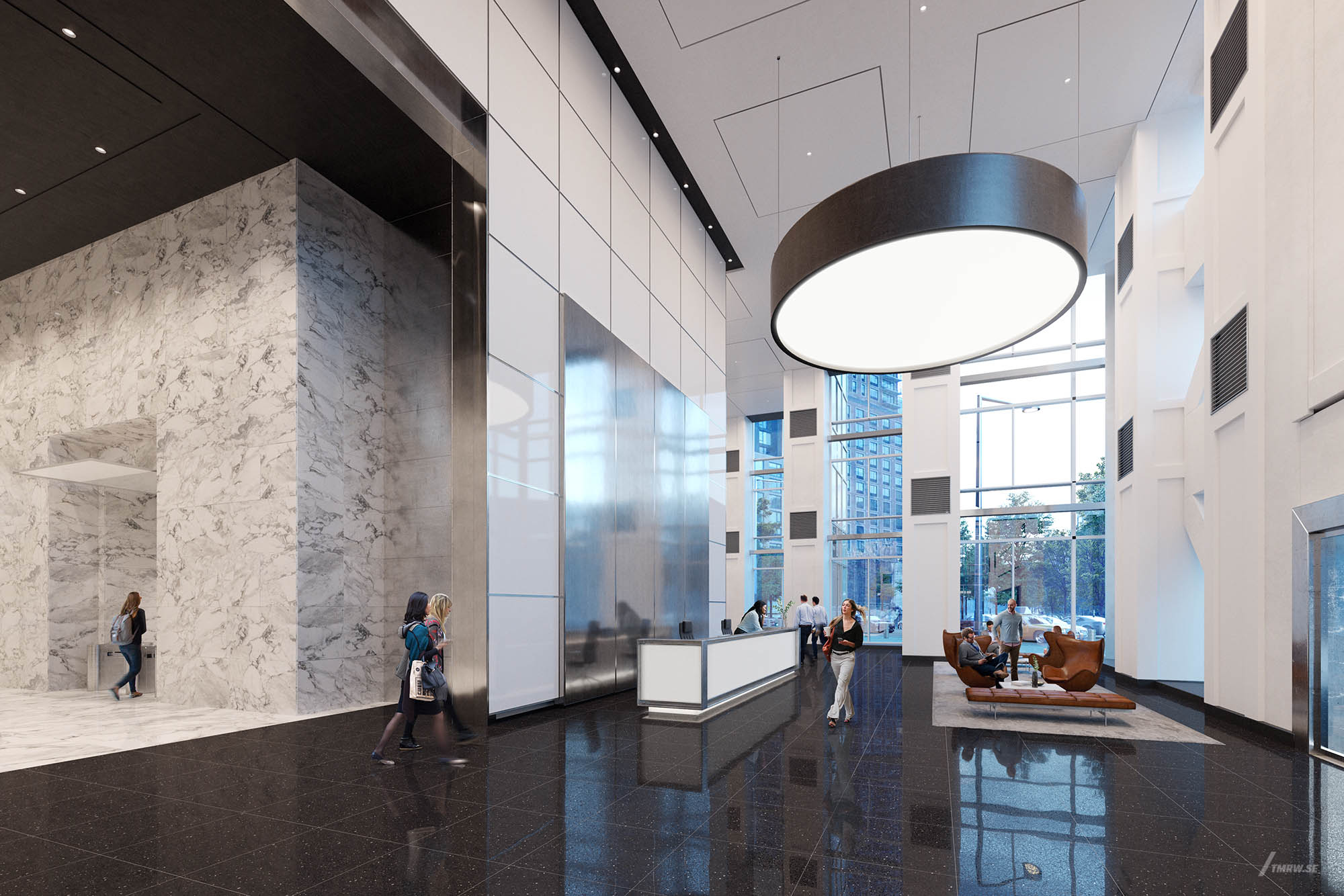 Architectural visualization of One Court Square for Gensler, an office lobby view in day light from an interior view.