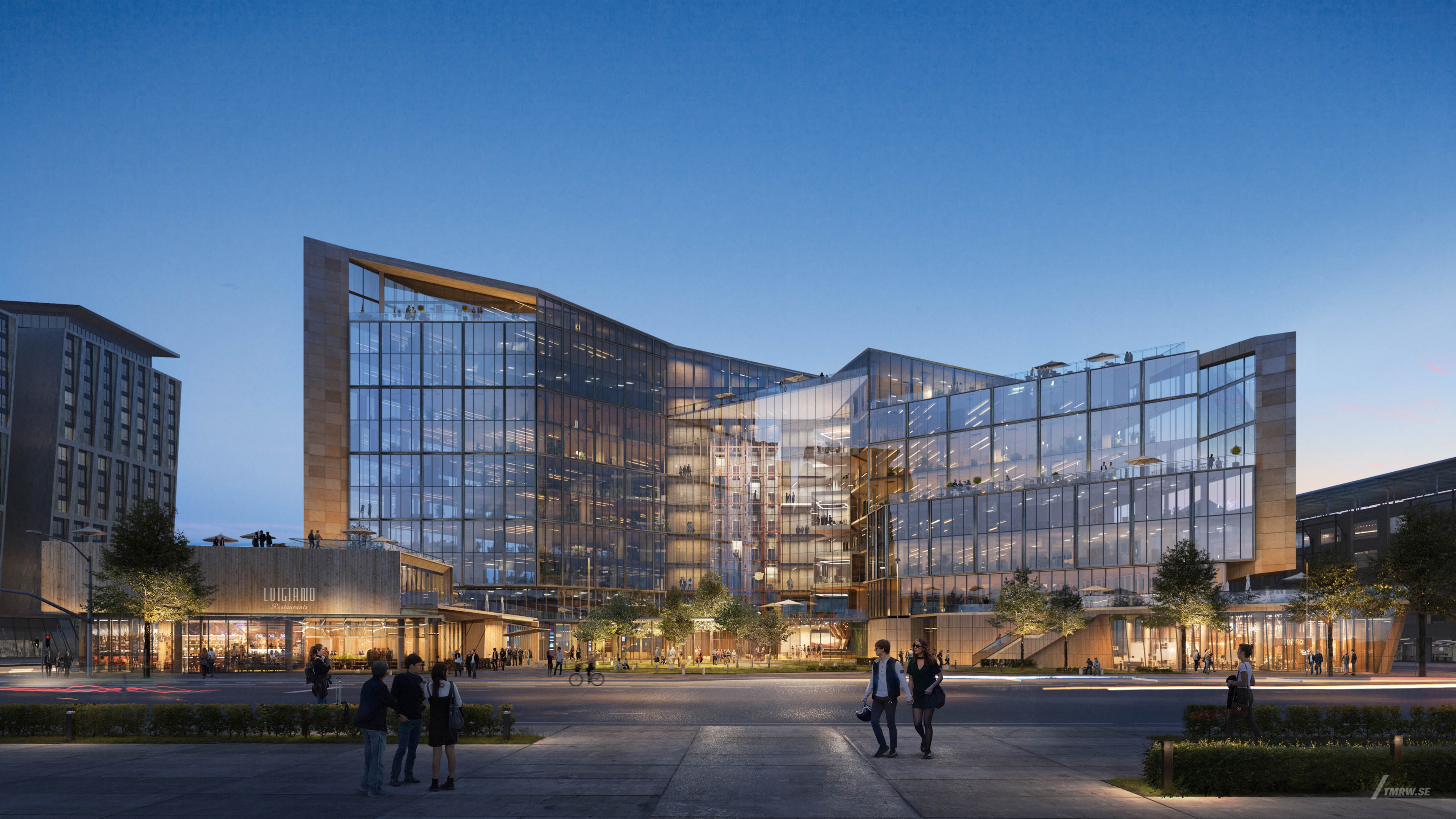 Architectural visualization of Santa Clara for Gensler, an office building in blue hour from a street view.