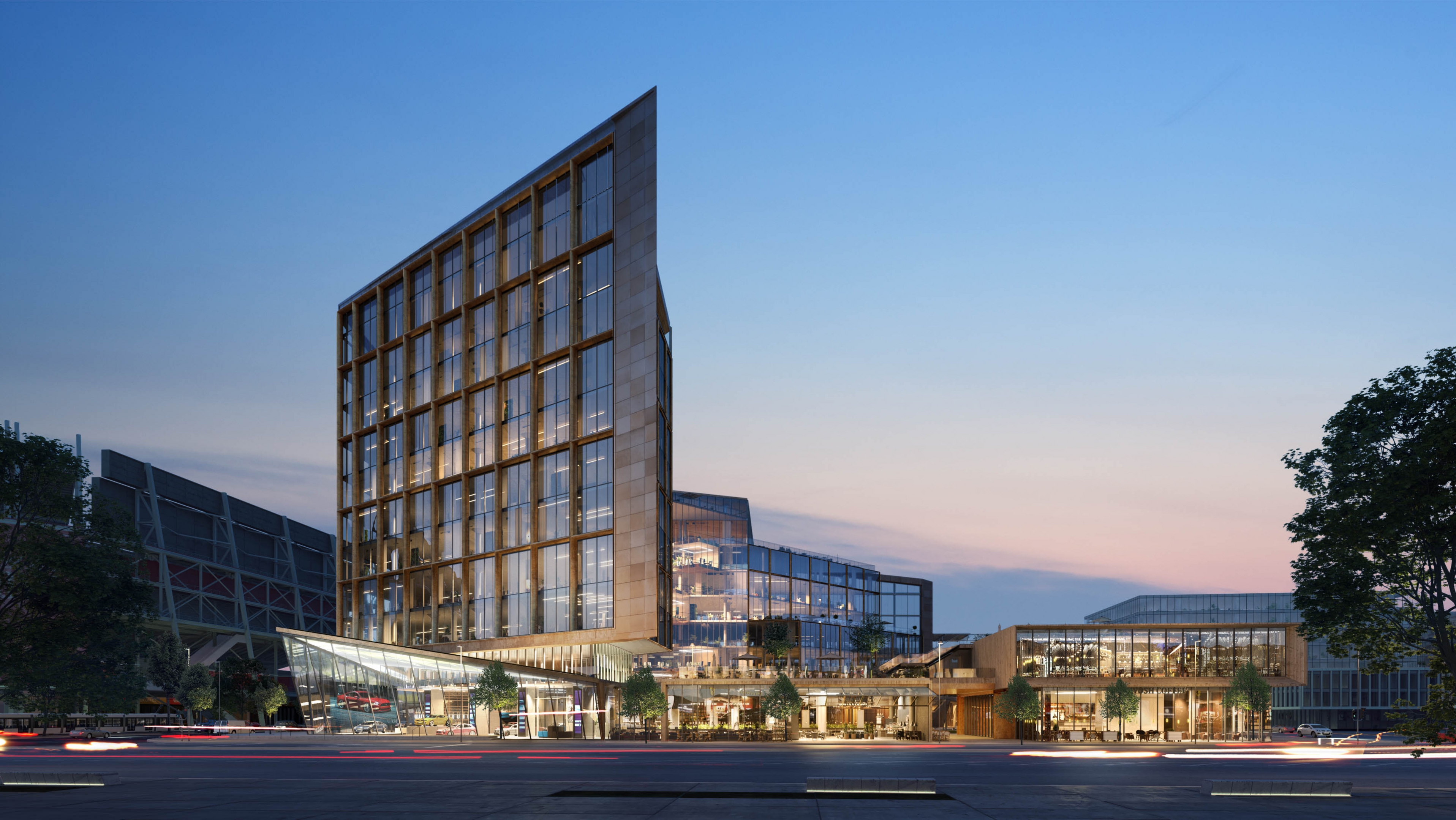 Architectural visualization of Santa Clara for Gensler, an office building in blue hour from a street view.