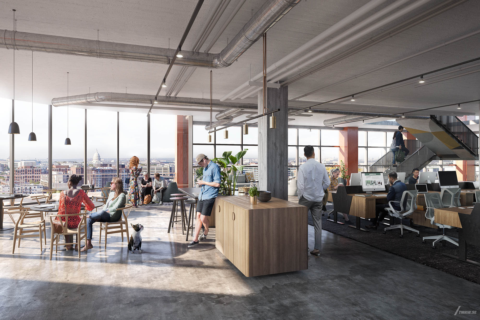 Architectural visualization of Signal House for Gensler, a office area with people hanging out in day light from an interior view.