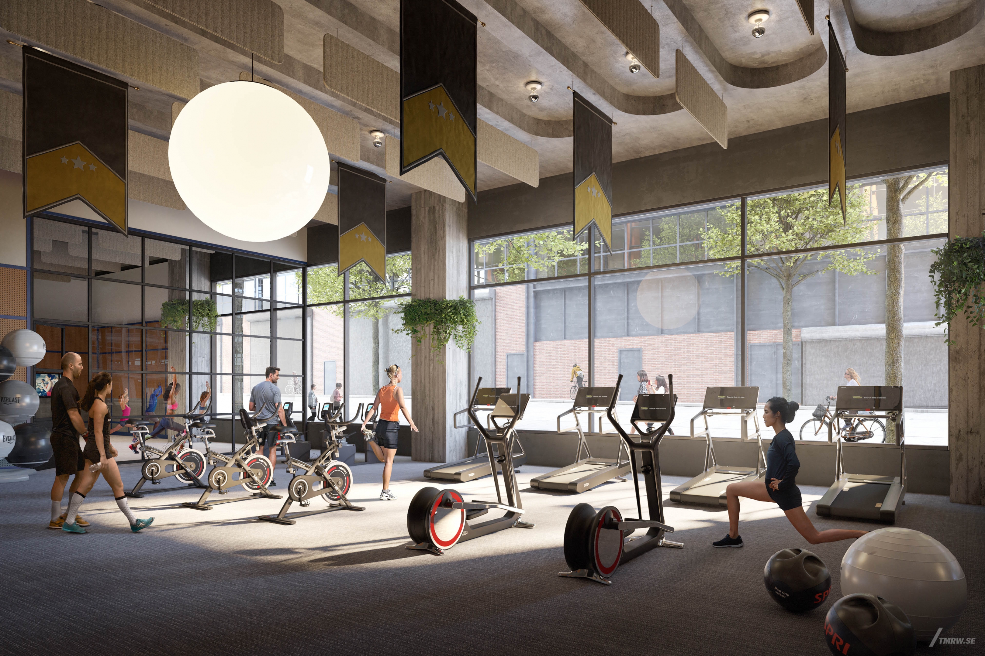 Architectural visualization of Signal House for Gensler, a gym area in day light from an interior view.