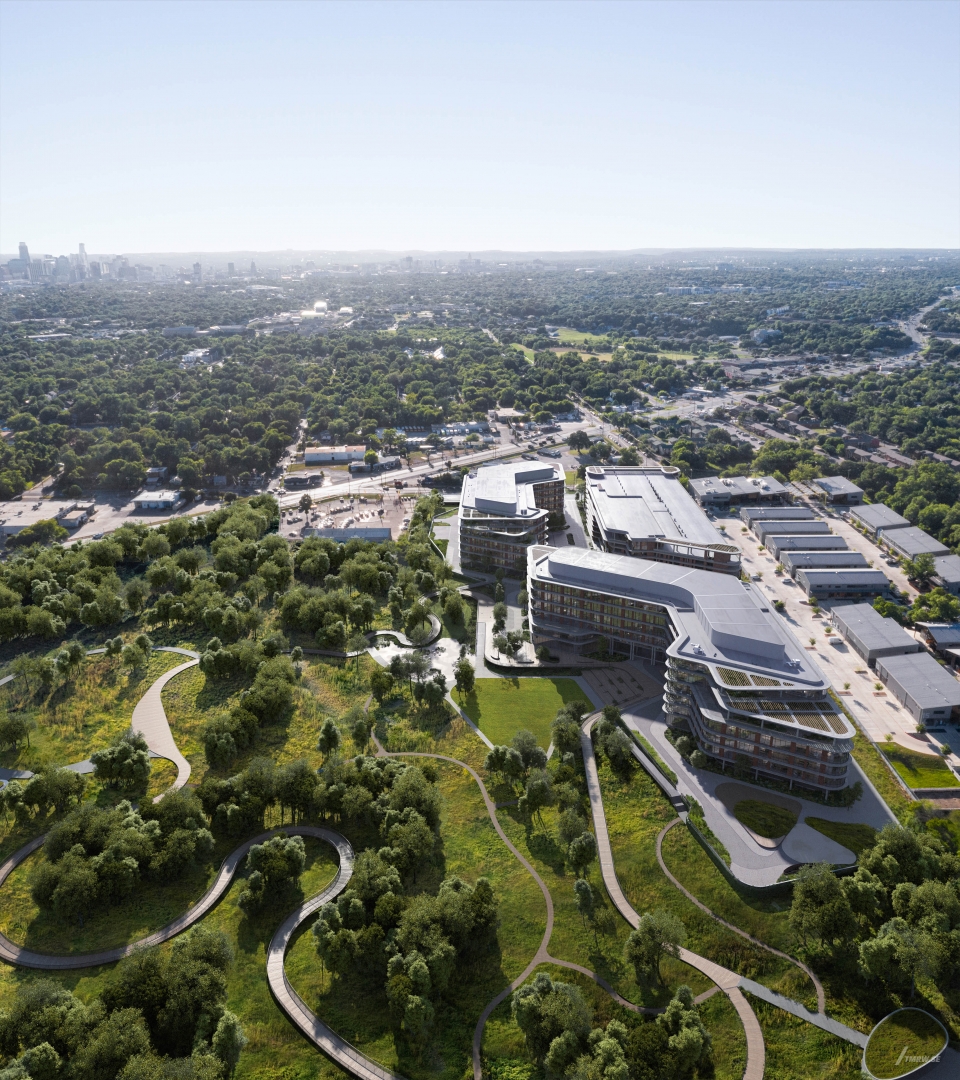 Architectural visualization of Springdale Green for Gensler, an office building in day light from an aerial view.