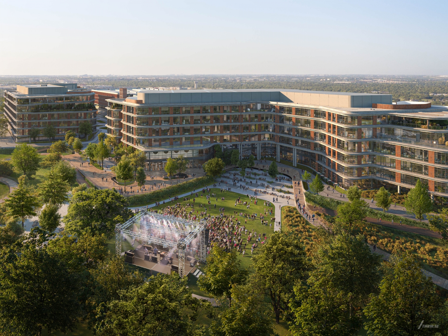 Architectural visualization of Springdale Green for Gensler, an office building in day light from an aerial view.