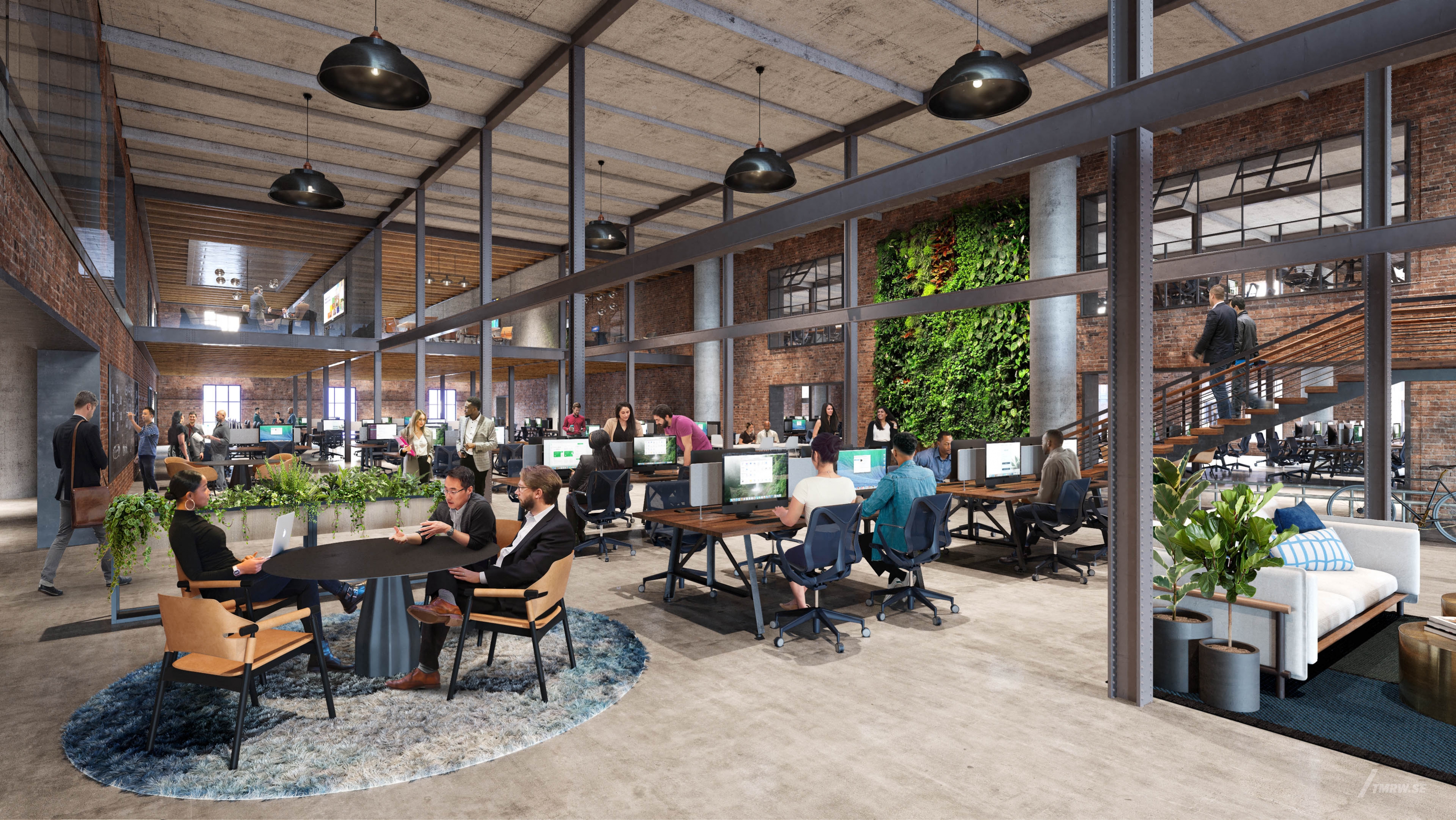 Architectural visualization of Terminal Warehouse for Gensler, a office area with people hanging out in day light from an interior view.