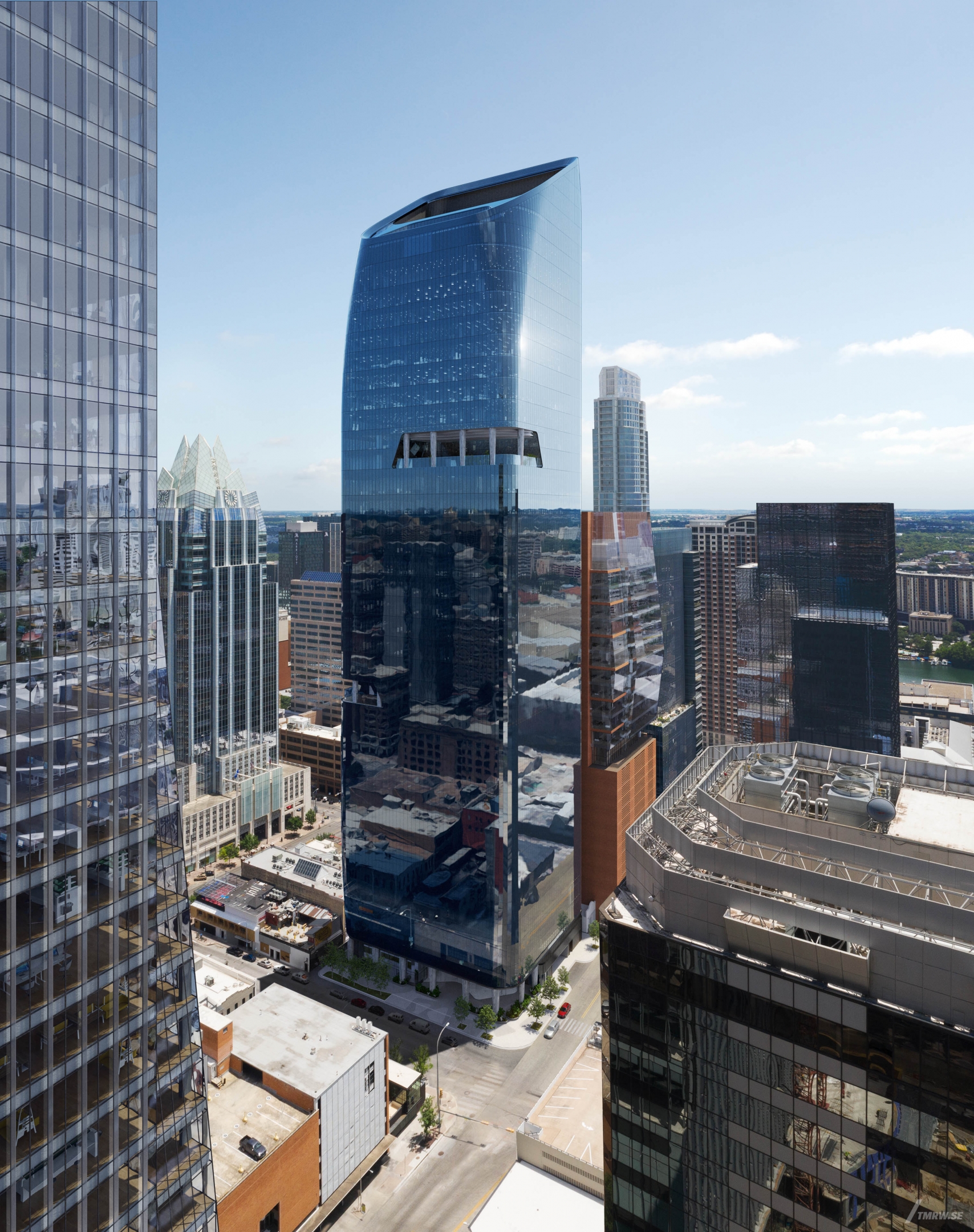 Architectural visualization of Tower 5C for Gensler, an office tower during day light from an aerial view.