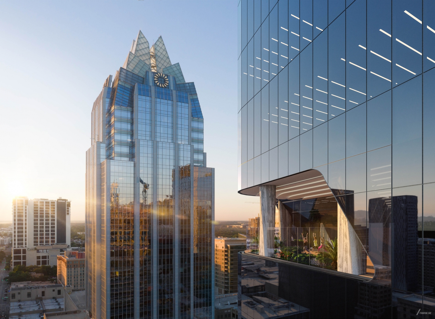 Architectural visualization of Tower 5C for Gensler, an office tower during golden hour from a aerial view.