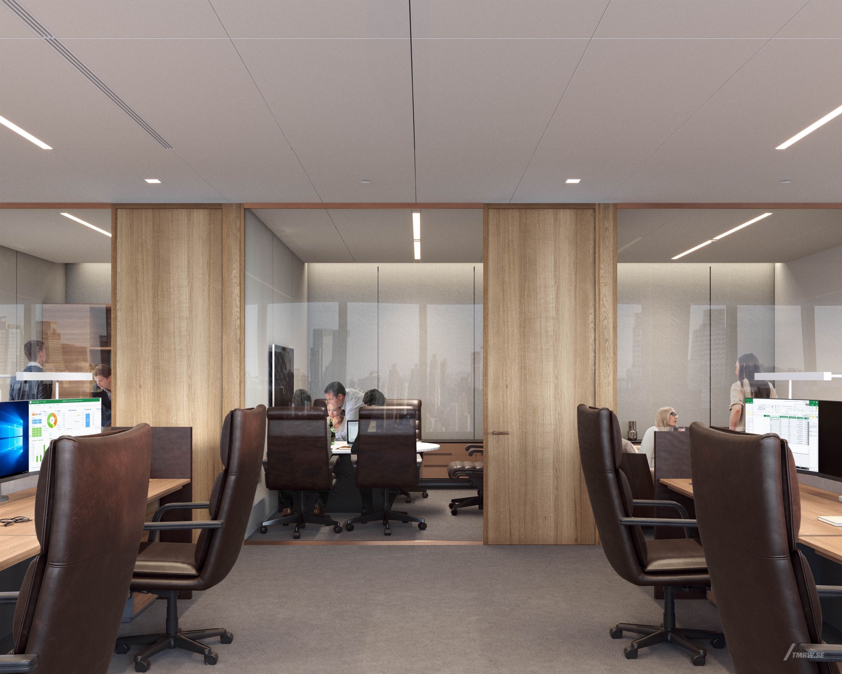 Architectural visualization of KKR for HLW, an office area daylight from an interior view.