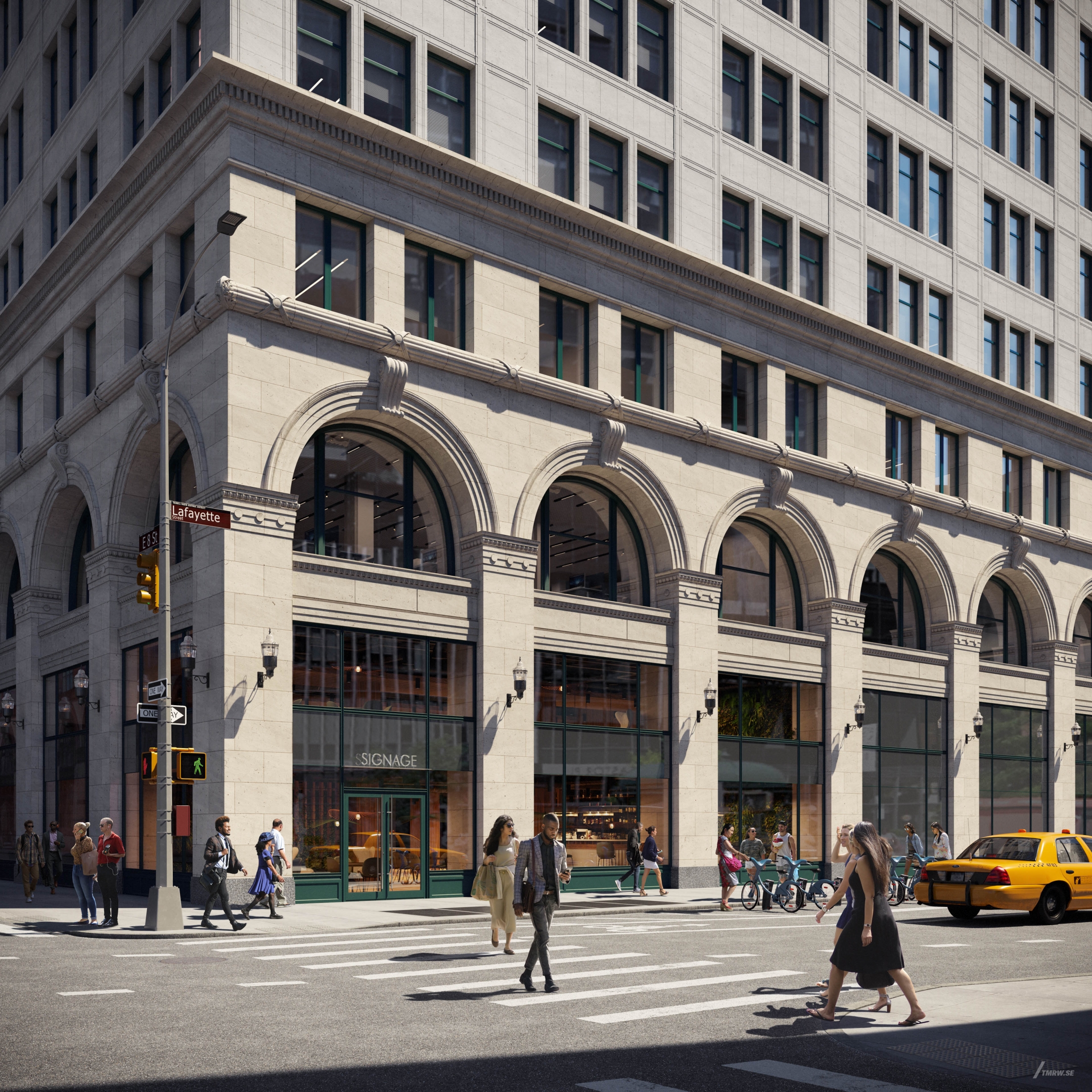 Architectural visualization of 770 Broadway for HOK, an office building during day light from a street view.