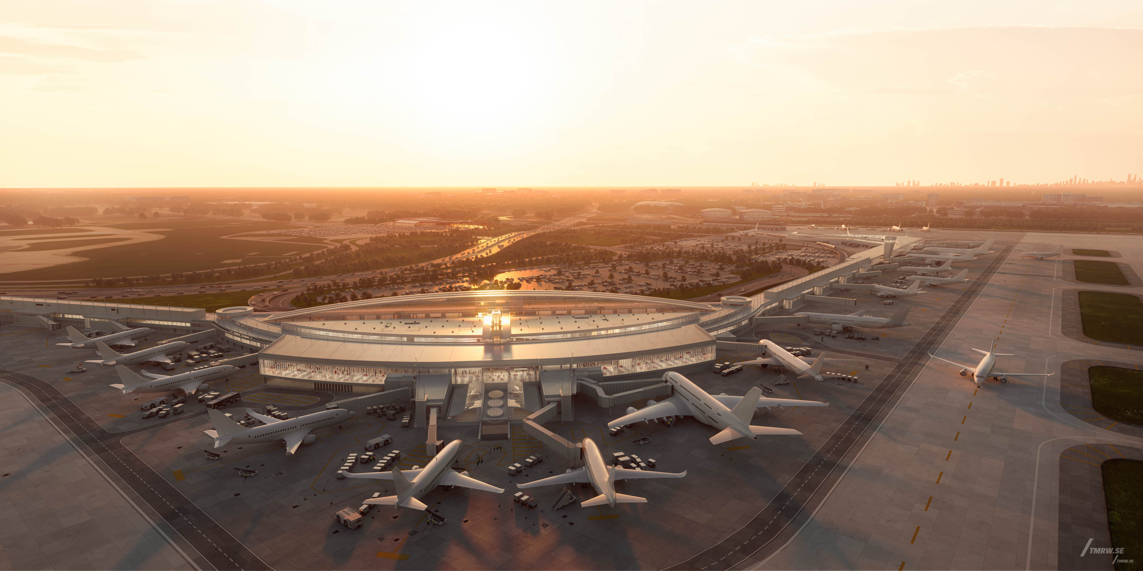 Architectural visualization of Ohare for HOK, an airport during golden hour light from a semi aerial view.