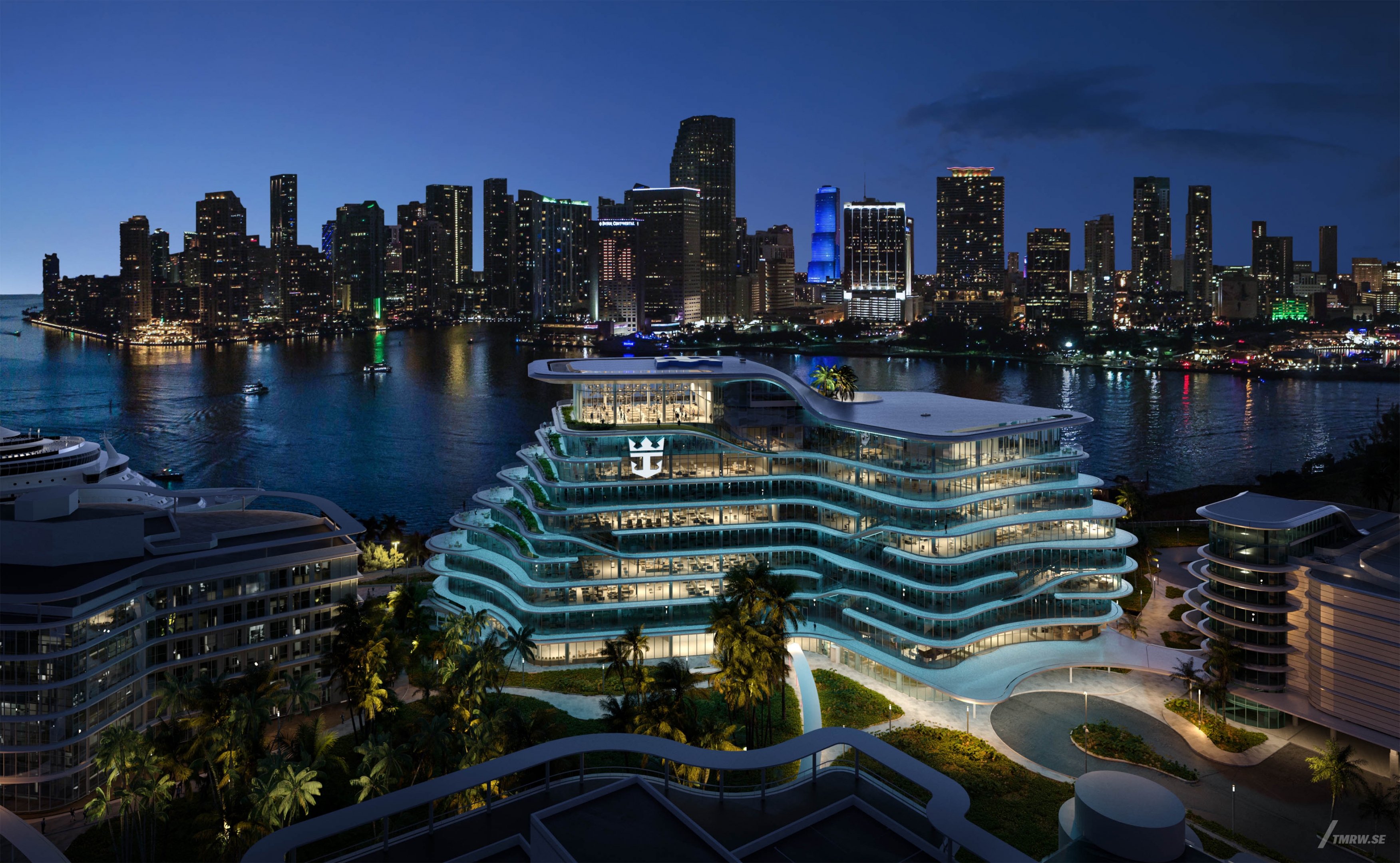 Architectural visualization of Royal Caribbean for HOK, an office building during night light from a semi aerial view.