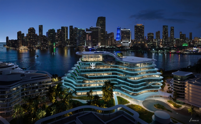 Architectural visualization of Royal Caribbean for HOK, an office building during night light from a semi aerial view.