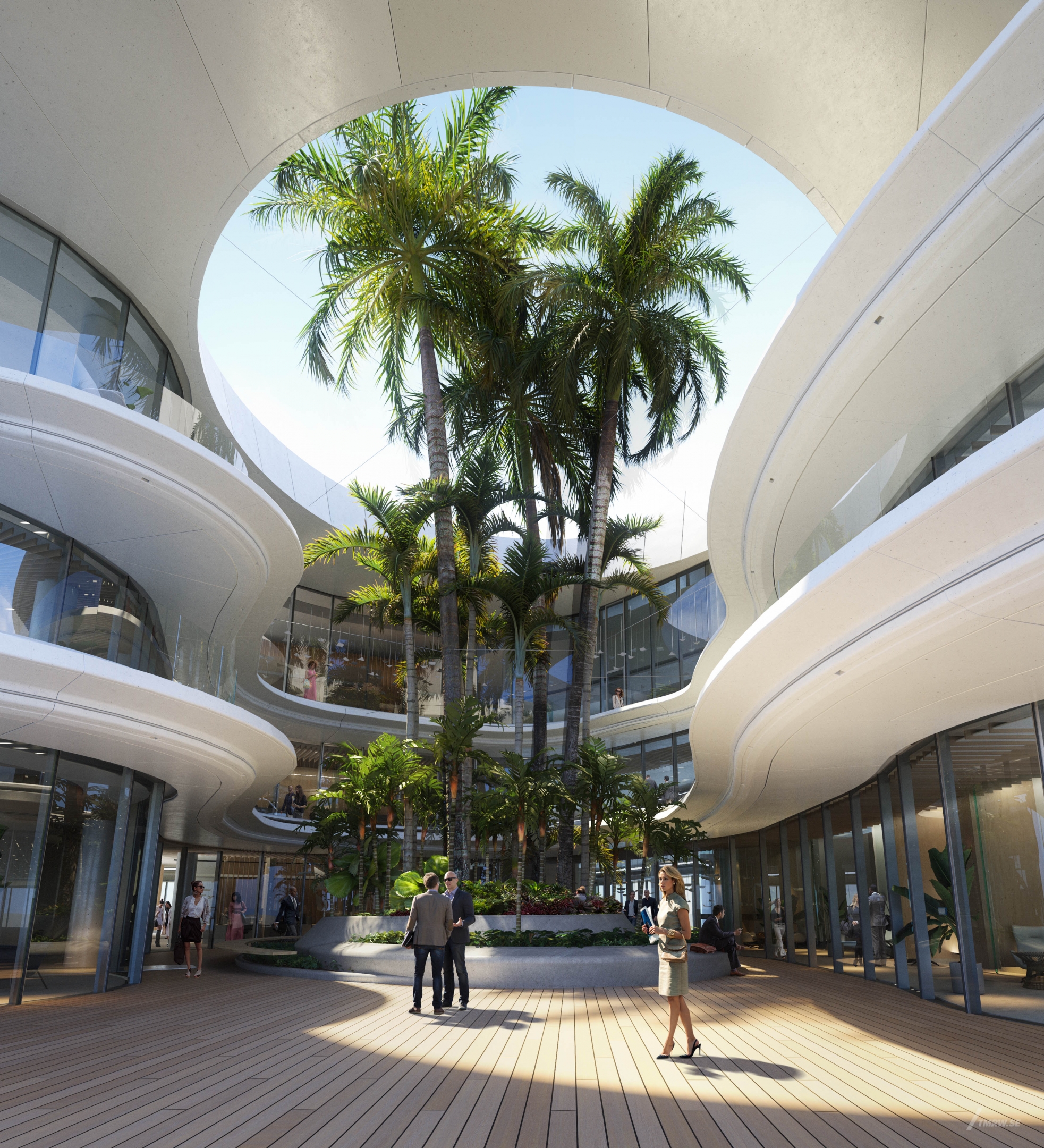 Architectural visualization of Royal Caribbean for HOK, an office building during day light from an interior view.