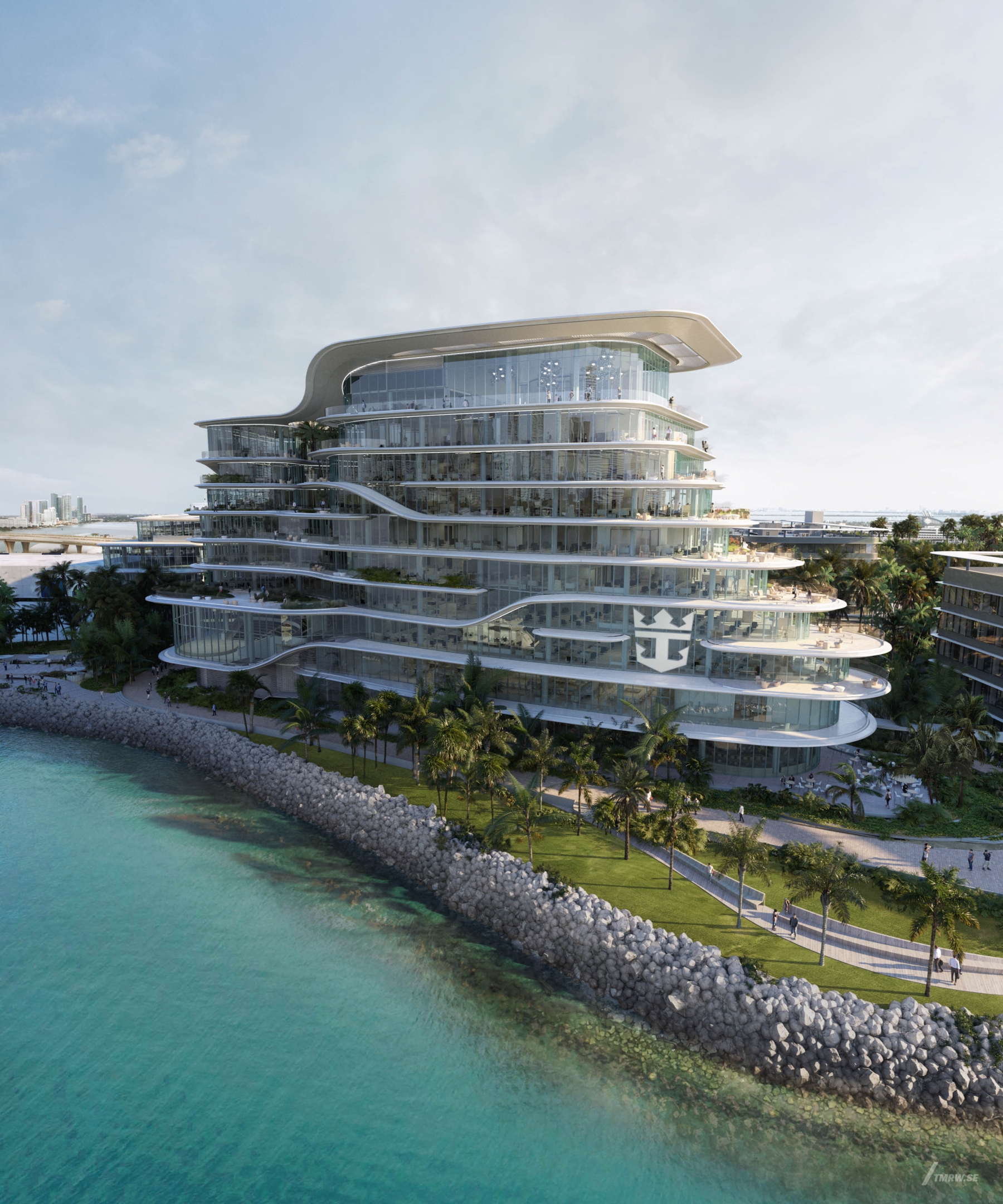 Architectural visualization of Royal Caribbean for HOK, an office building during day light from an semi aerial view.