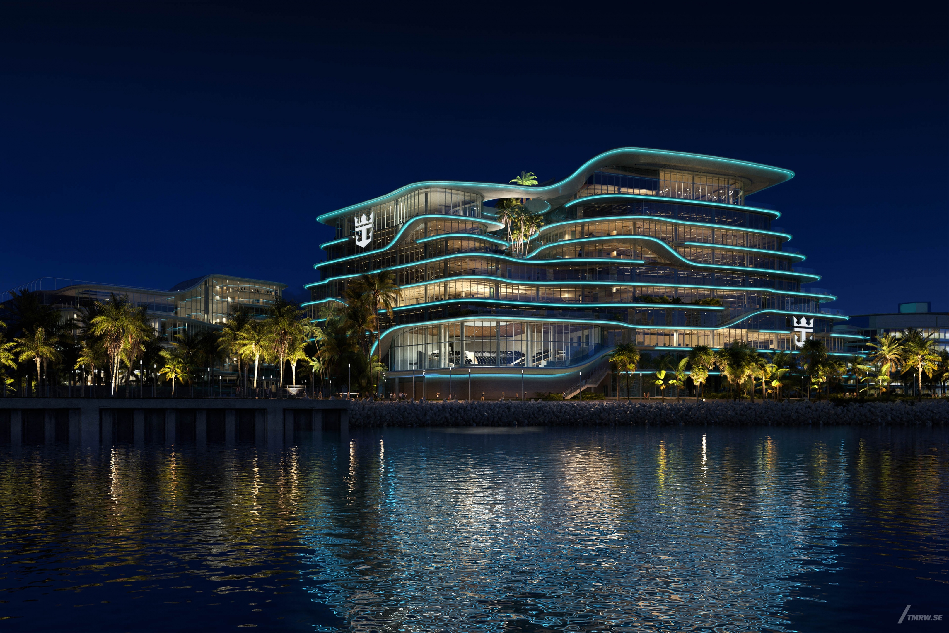 Architectural visualization of Royal Caribbean for HOK, an office building during night light from a sea view.