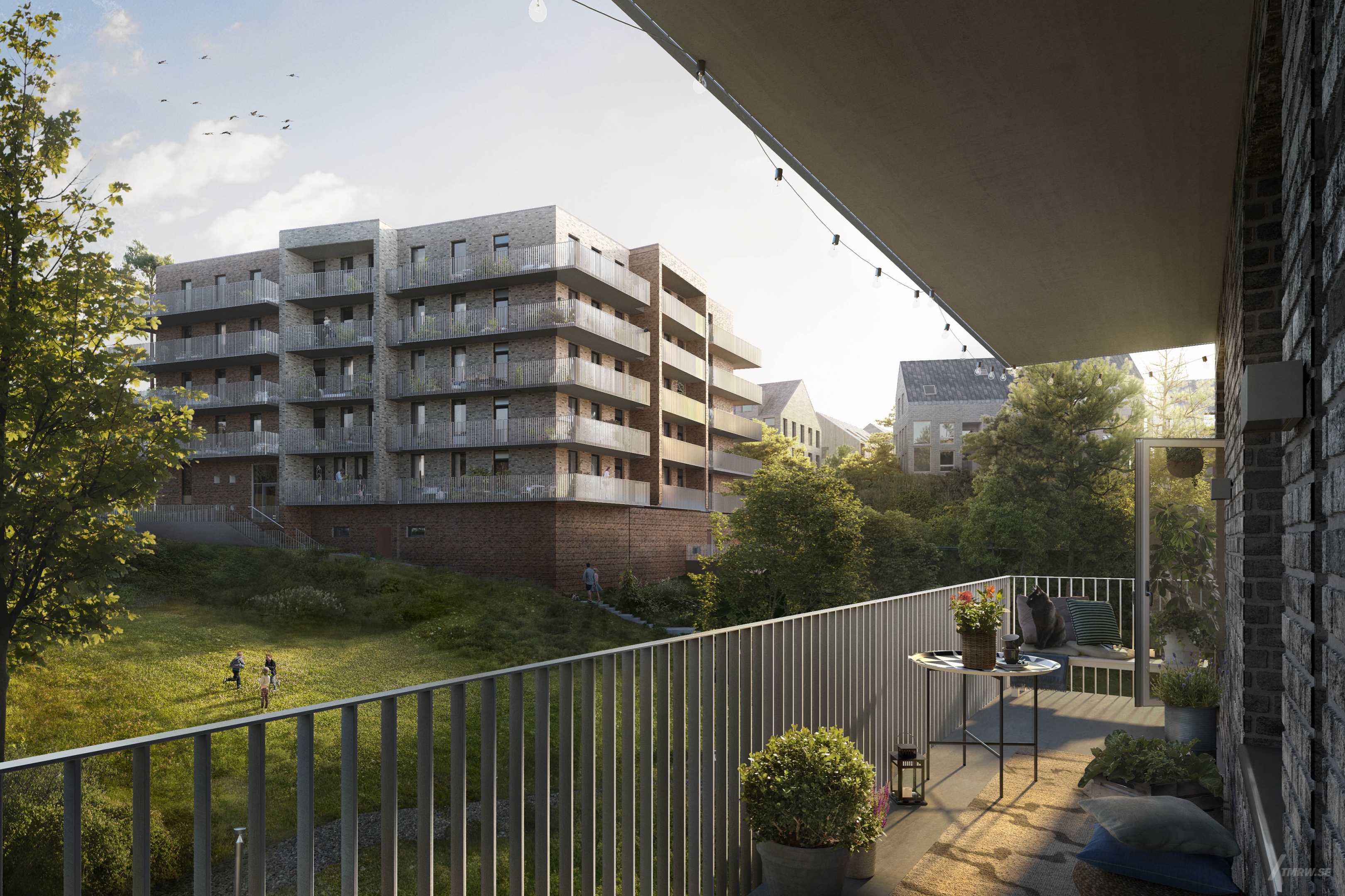 Architectural visualization of Esplanaden for HSB a apartment balcony in day light form an interior view.