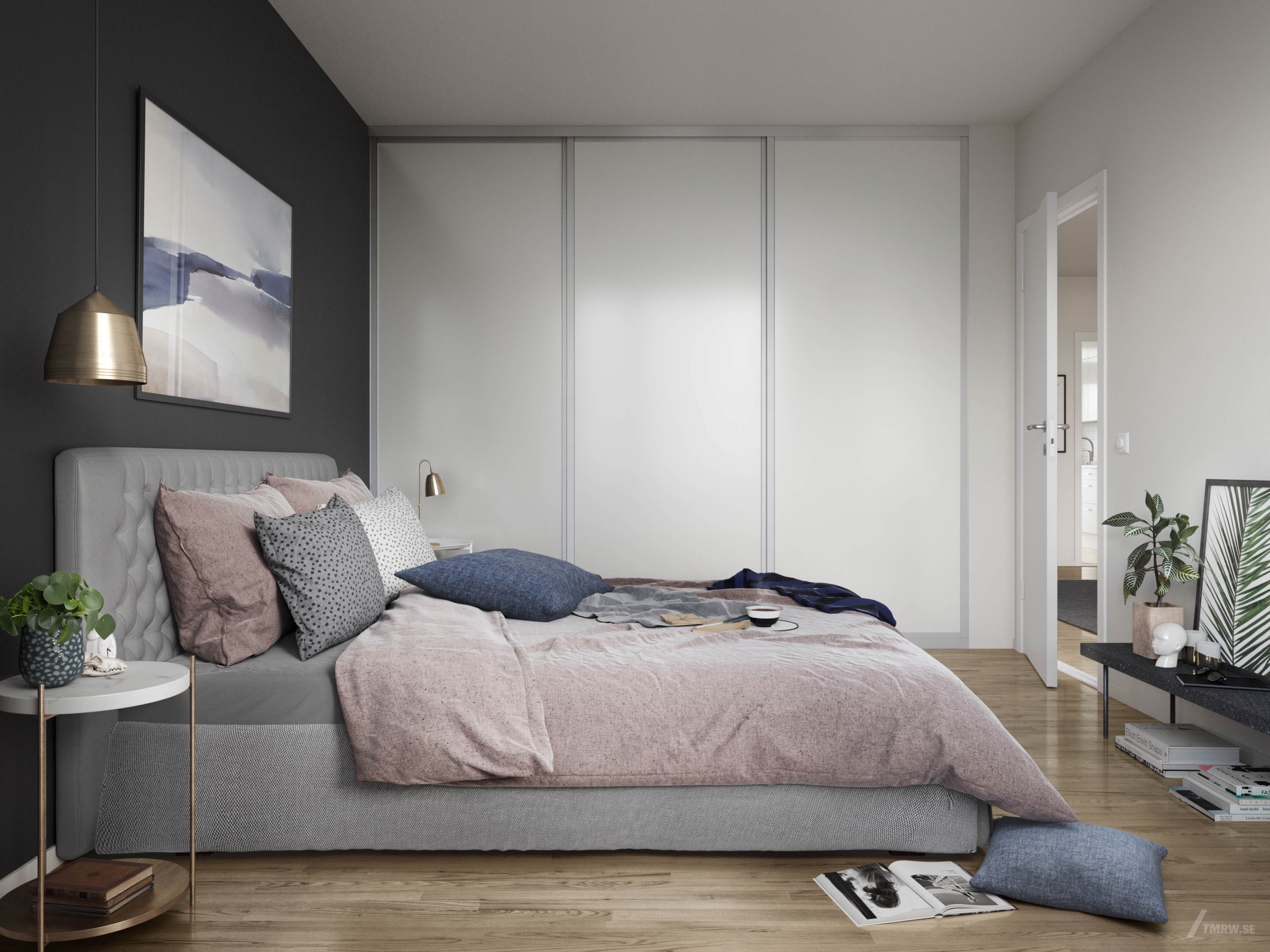 Architectural visualization of Esplanaden for HSB a apartment bed room in day light form an interior view.