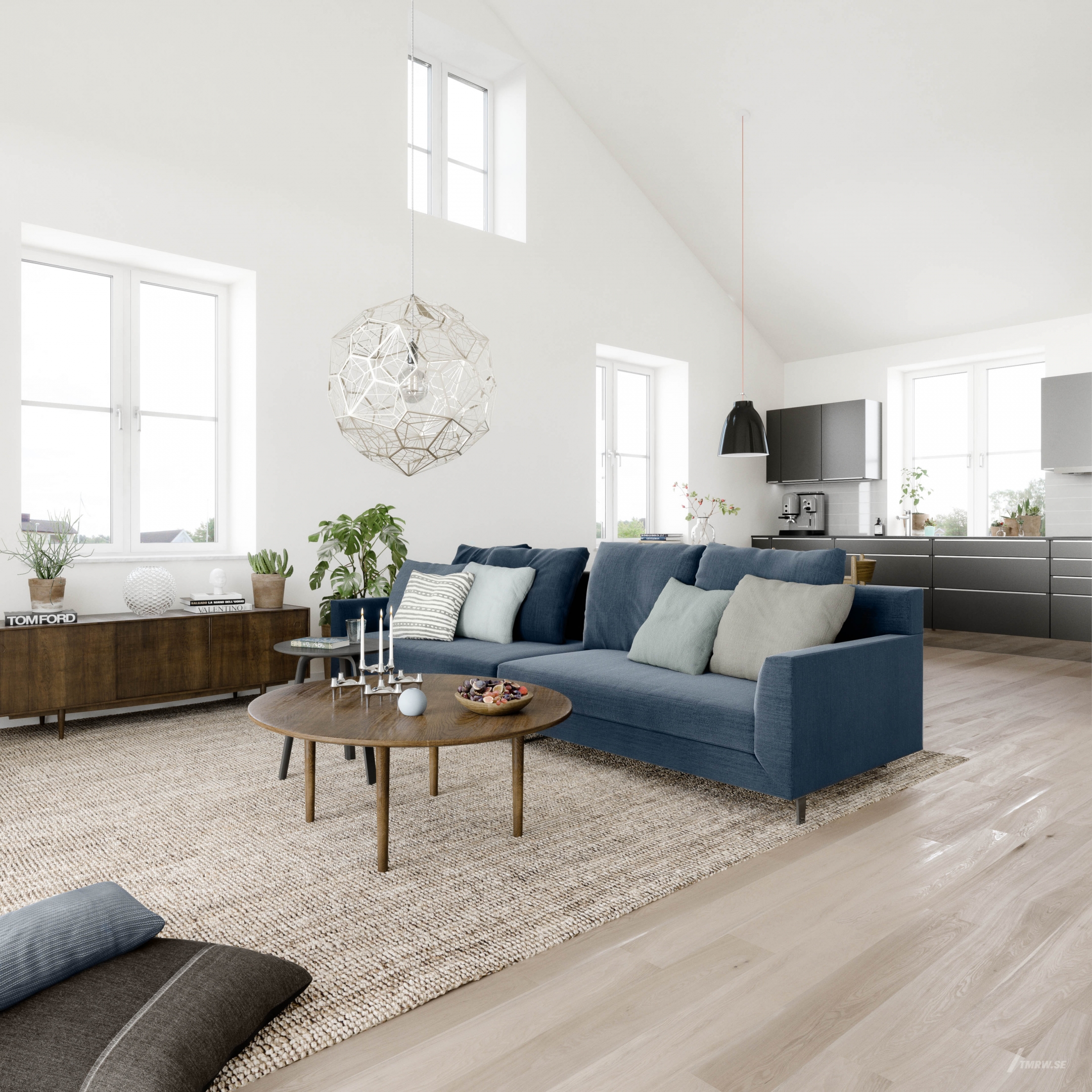 Architectural visualization of Amundön for HSB, a livingroom a interior in day light from a eye level view.