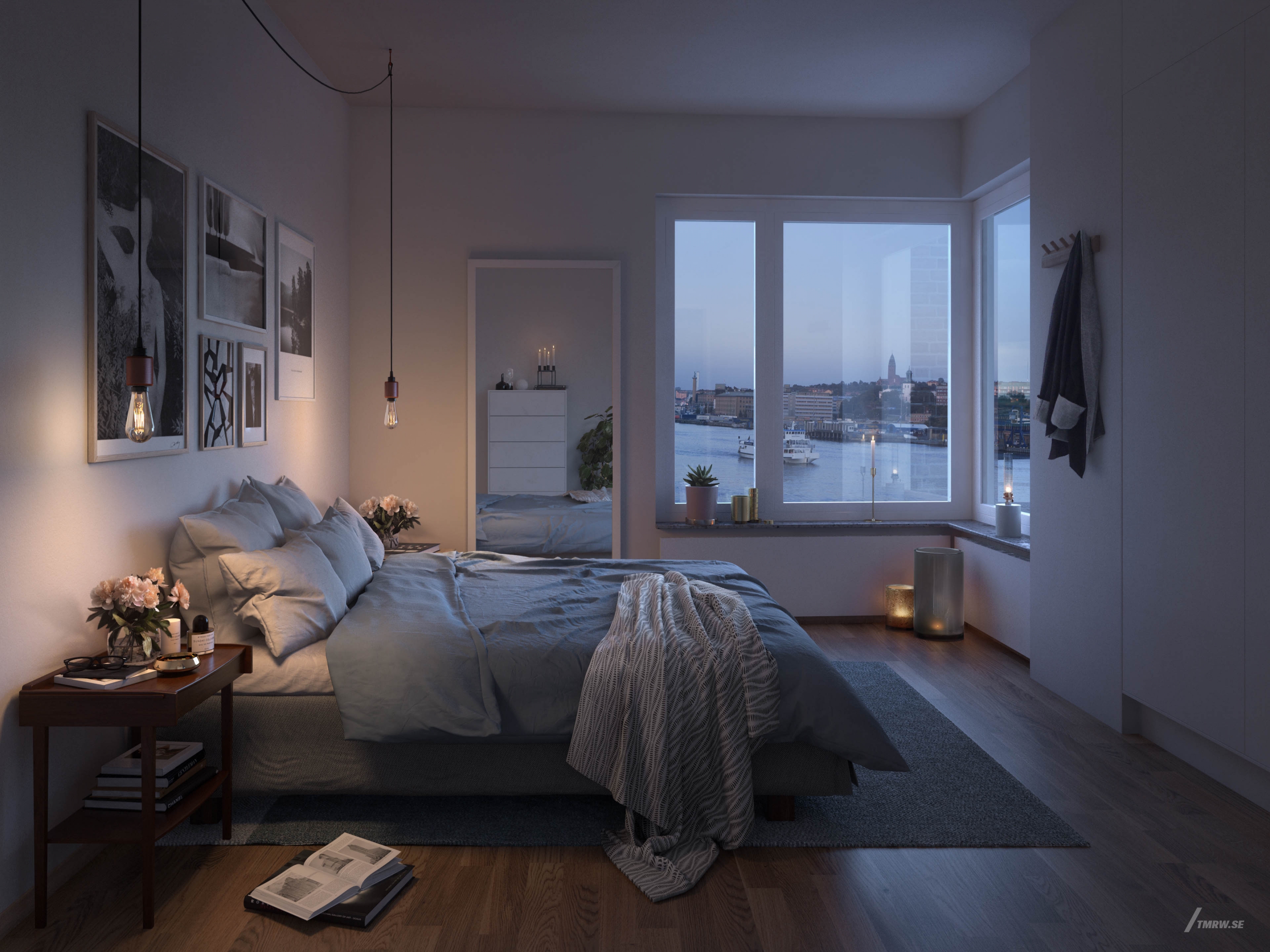 Architectural visualization of Skaftö for HSB, a bedroom a interior in evening light from an eye level view.