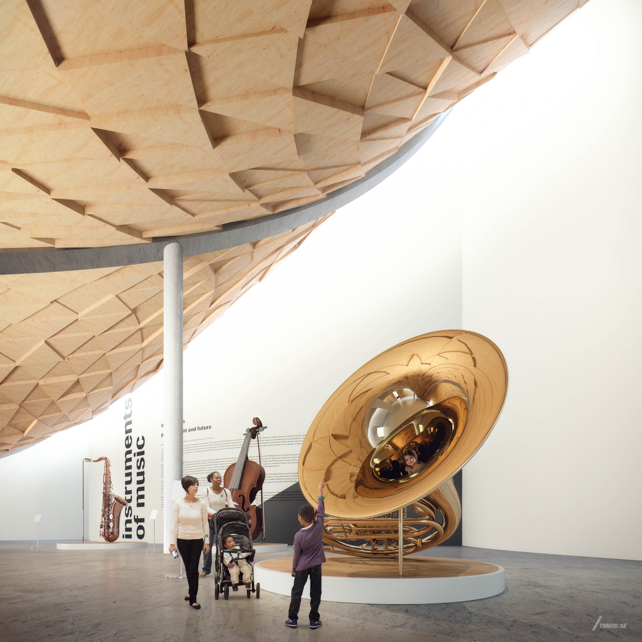 Architectural visualization of Budapest Muesum for Identity Architecture in day light from a interior view, a couple watching a big trombone.