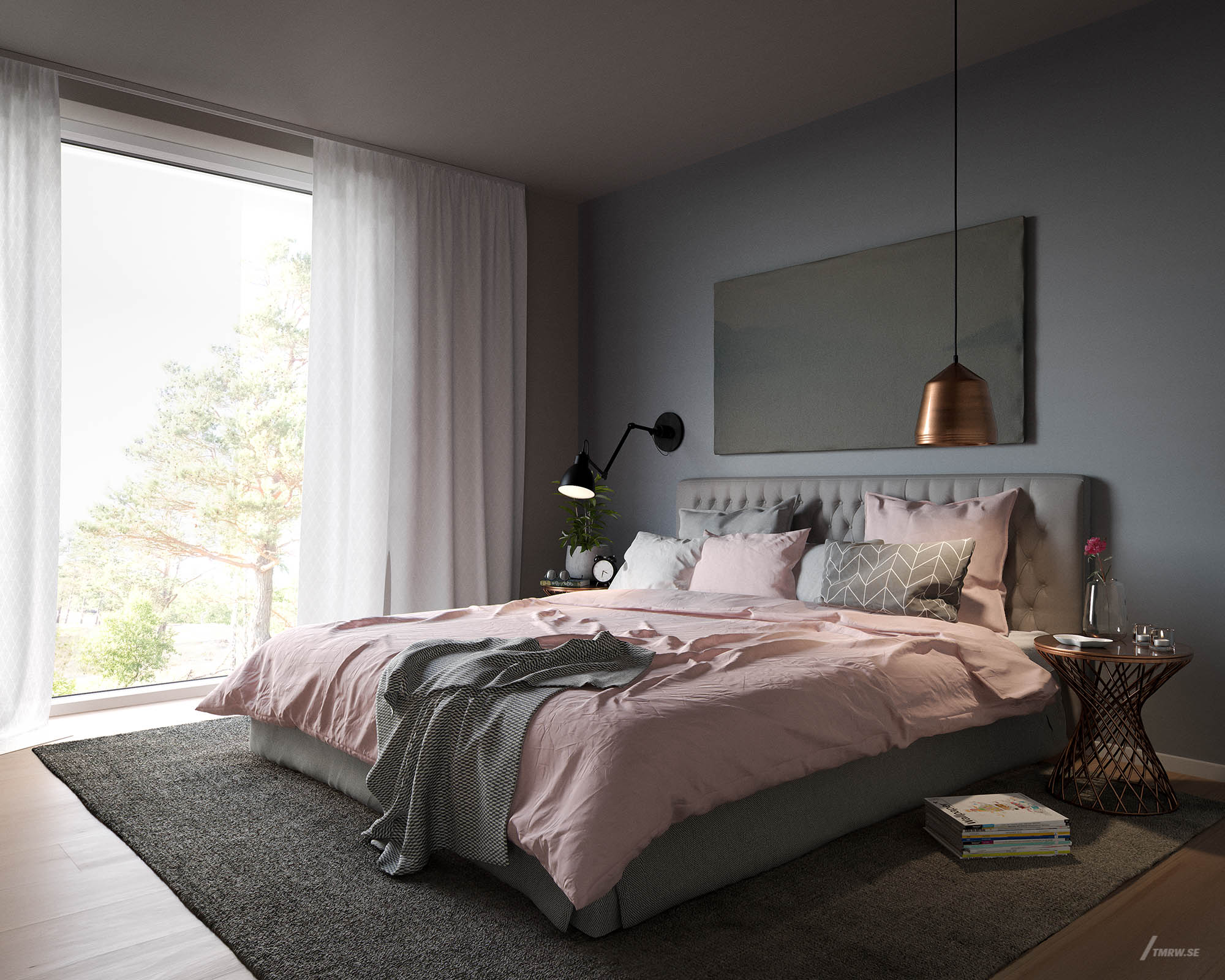 Architectural visualization of Högmora for Imola a bedroom in a living house in day light form an interior view.