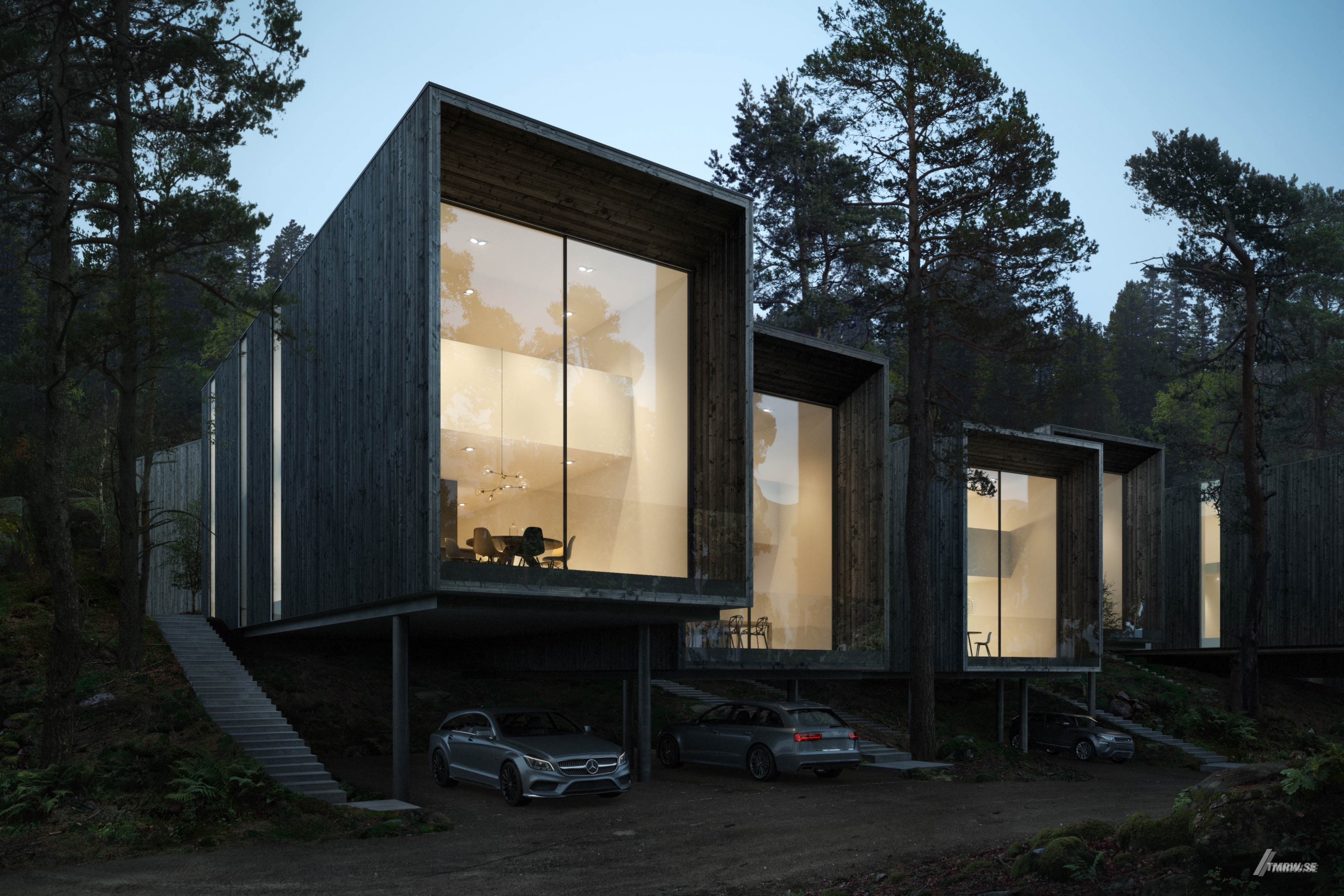 Architectural visualization of Lännersta for Imola a modern cube shaped house in evening light form an eye view.