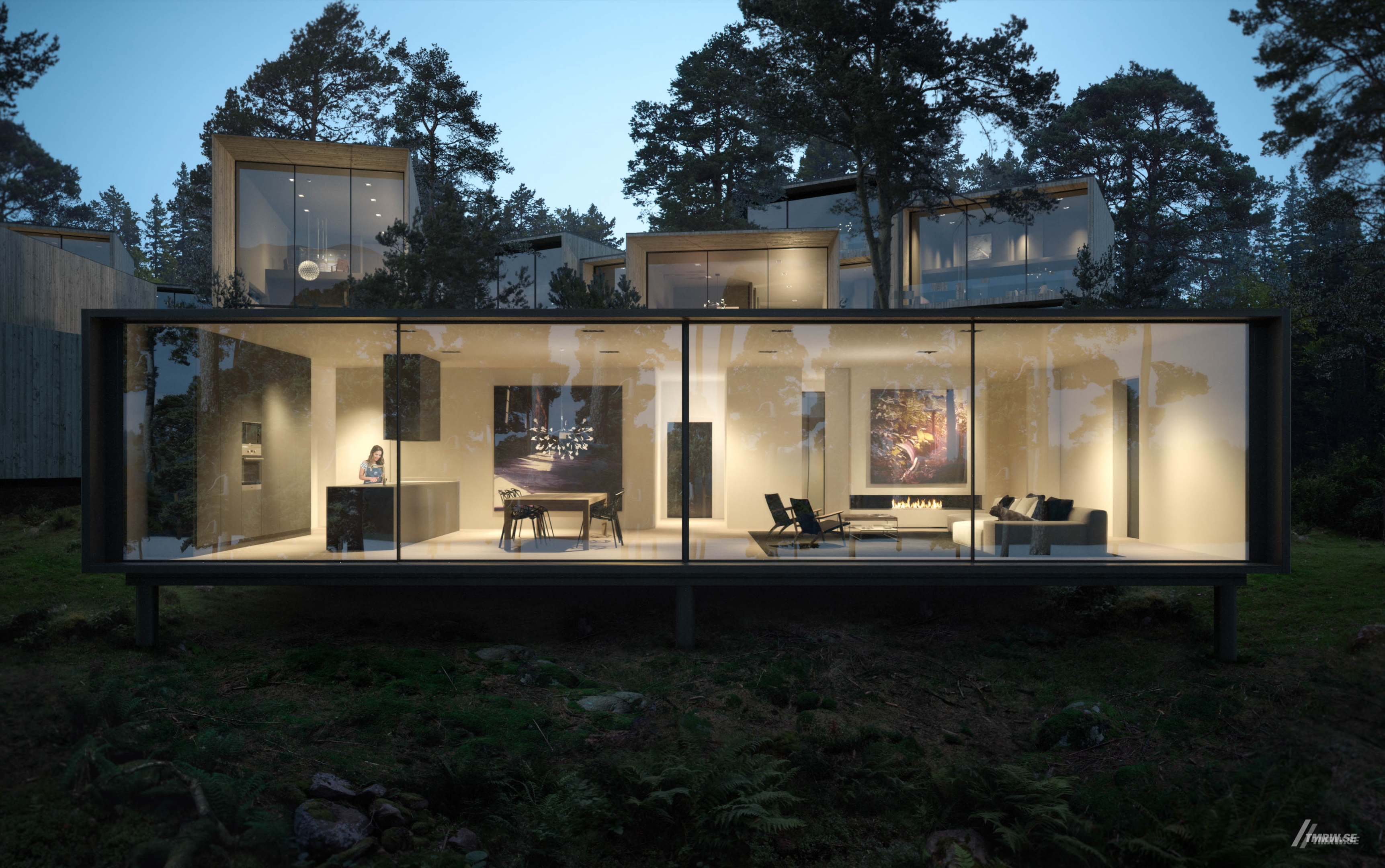 Architectural visualization of Lännersta for Imola a modern rectangle shaped house in evening light form an eye view.