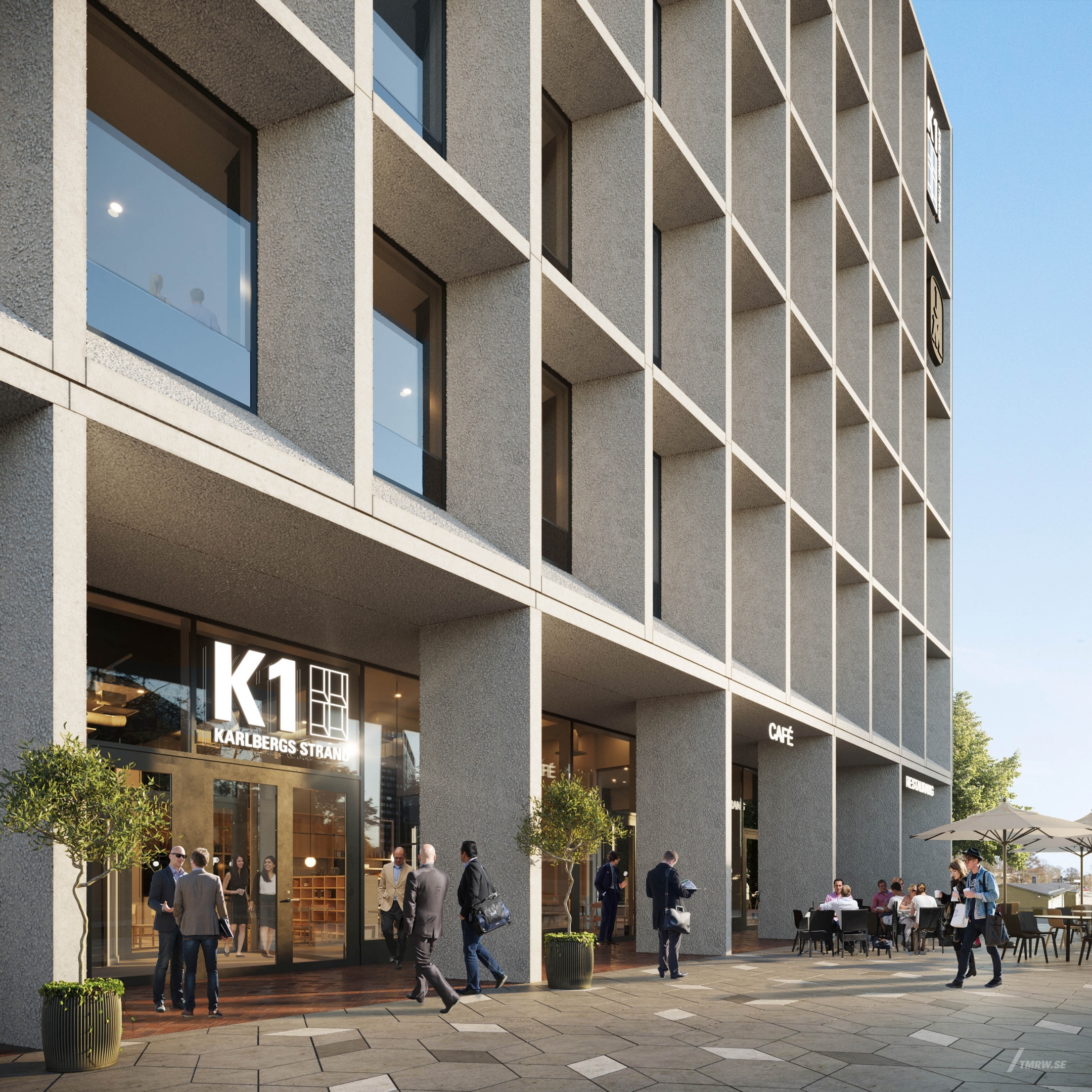 Architectural visualization of Karlberg Strand for JM a office building entrence in day light from a street view.