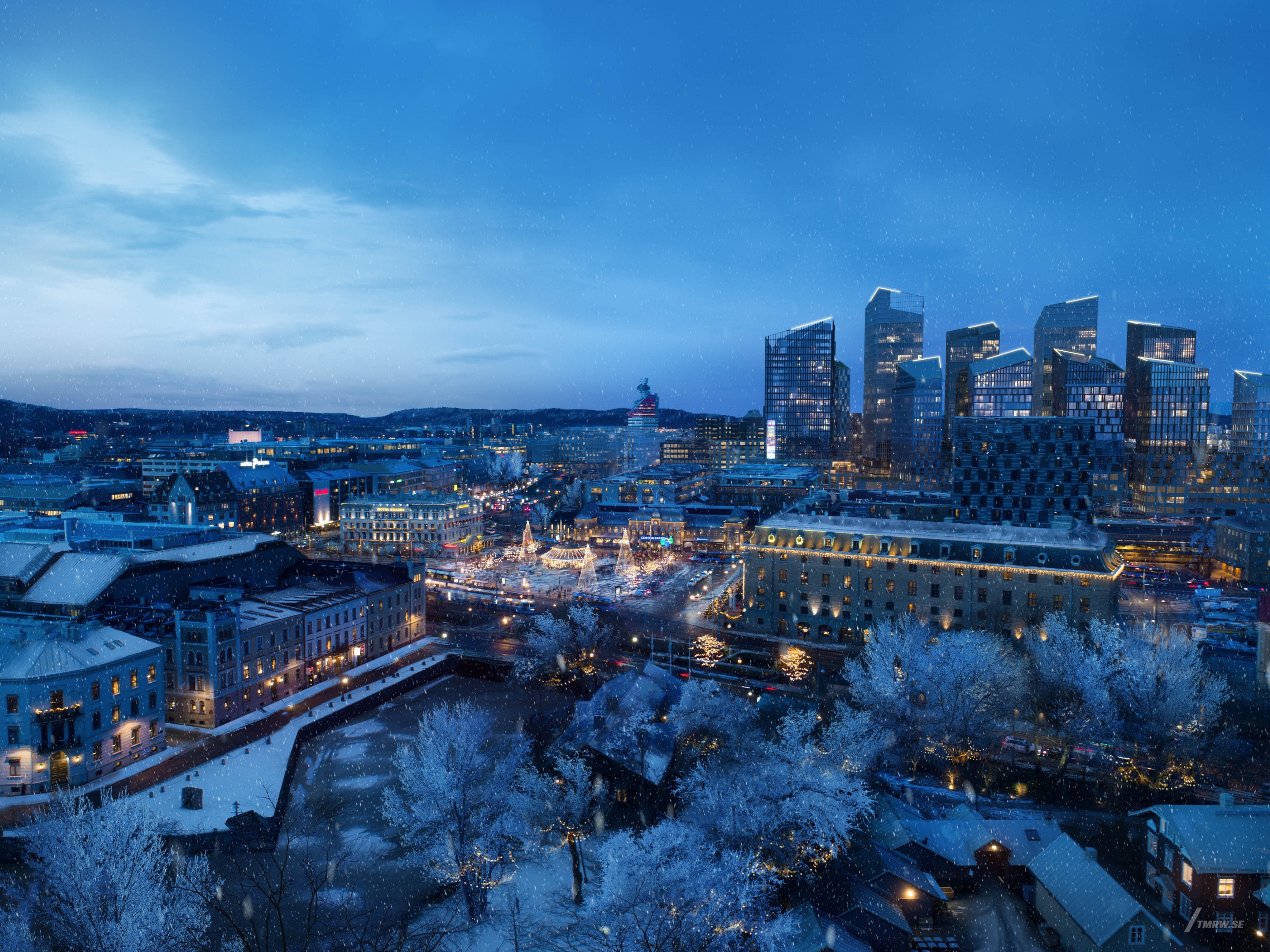 Architectural visualization of Region City for Jernhusen a view from obove in a snowy Gothenburg in evening light form an aerial view.