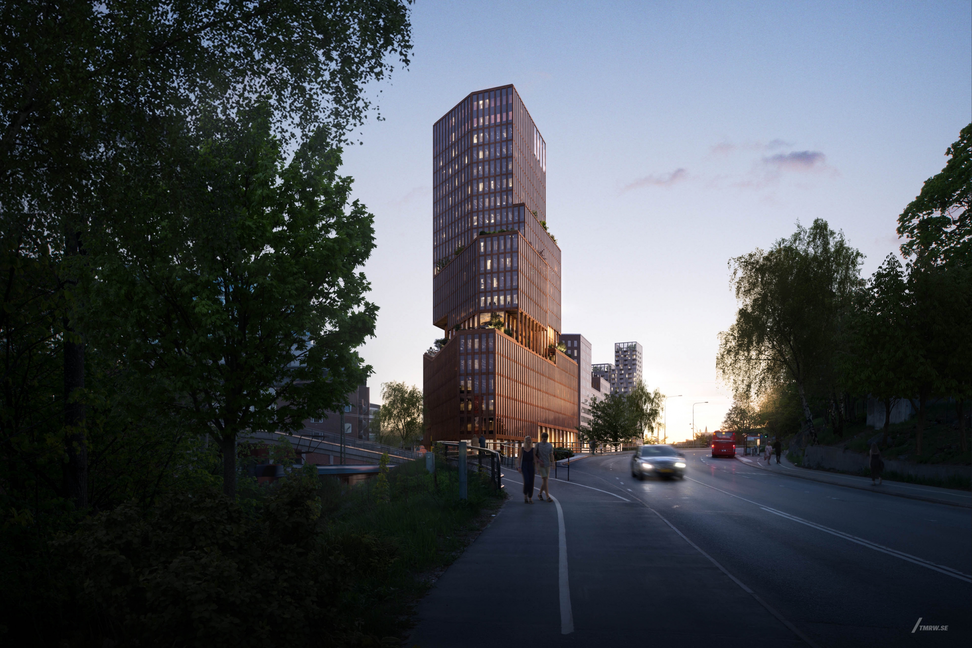 Architectural visualization of Sickla Tower for Kanozi a skyscraper in shadow day light from a street view.