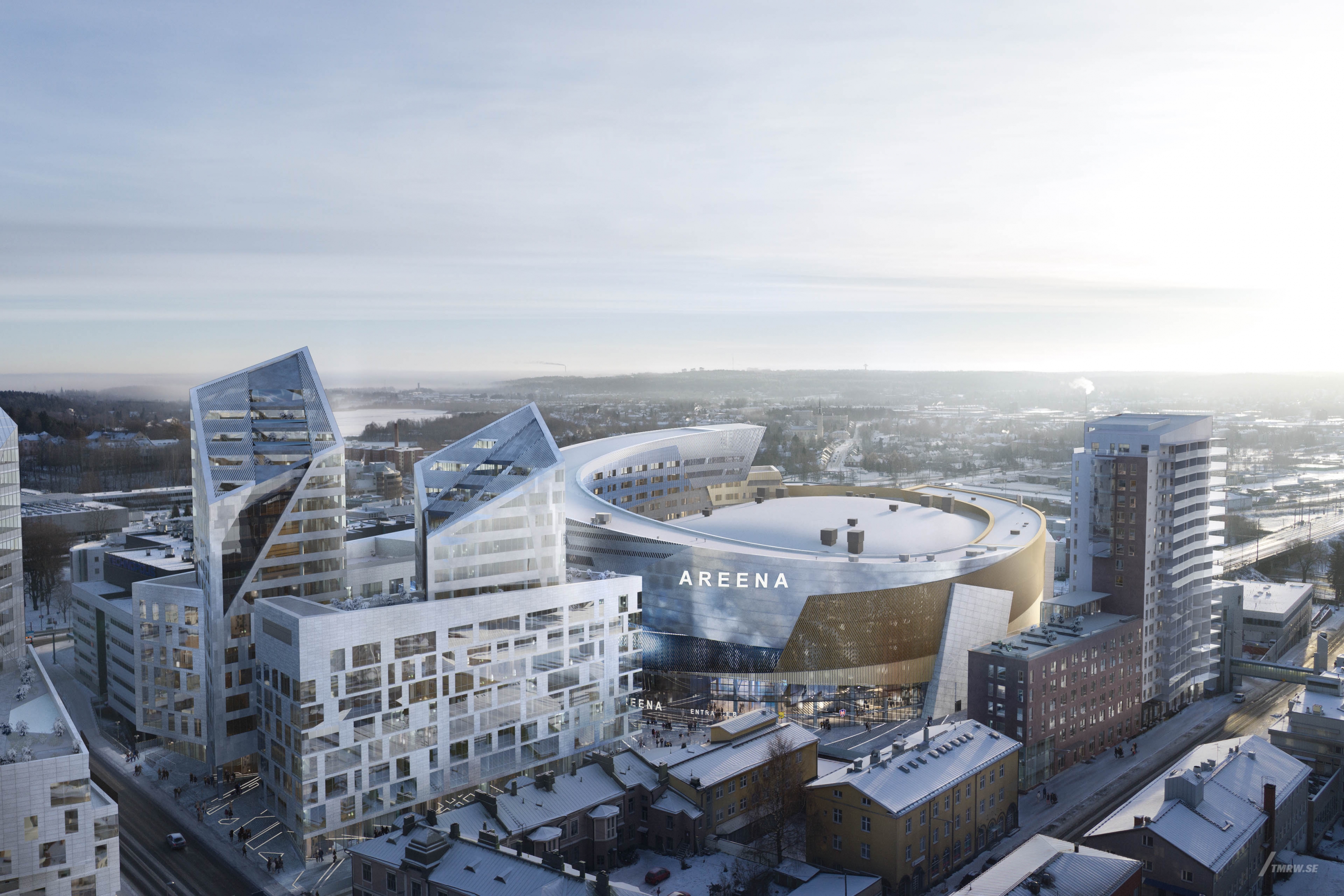 Architectural visualization of Tampere for Libeskind a arena in snowy Tampere, Finland in day light from an aerial view.